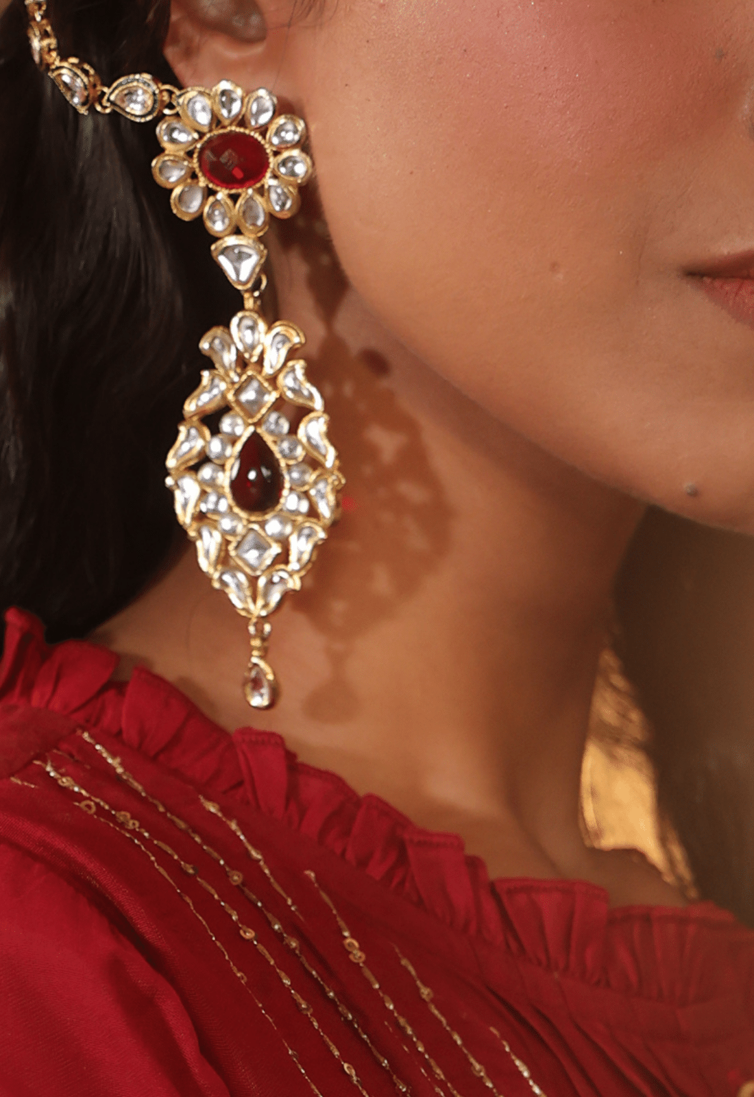 Gold Plated Red Stone Kundan Earrings With Earchain