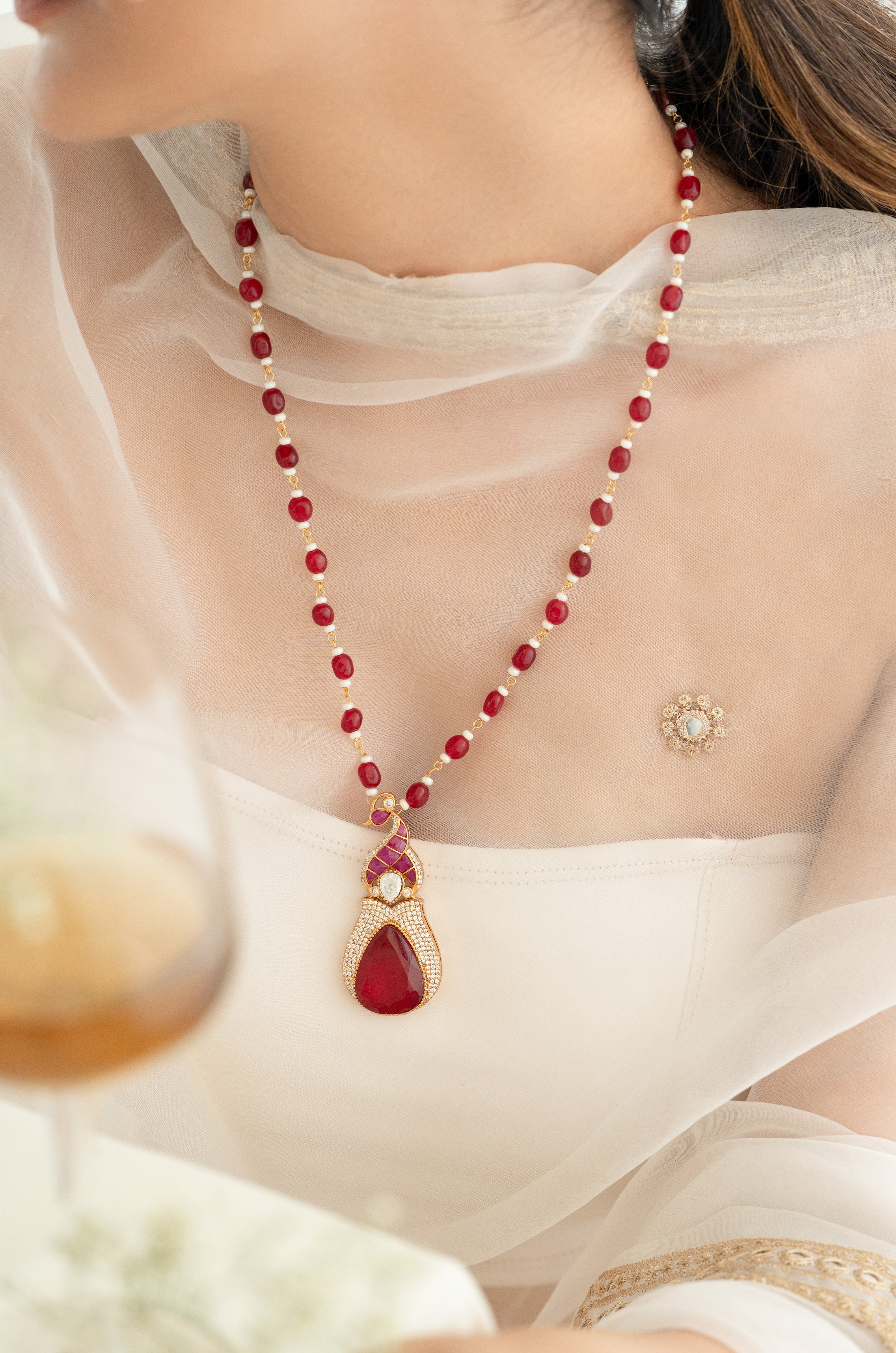 Red Stone Kundan Pendant Necklace with Pearl and Ruby Beads