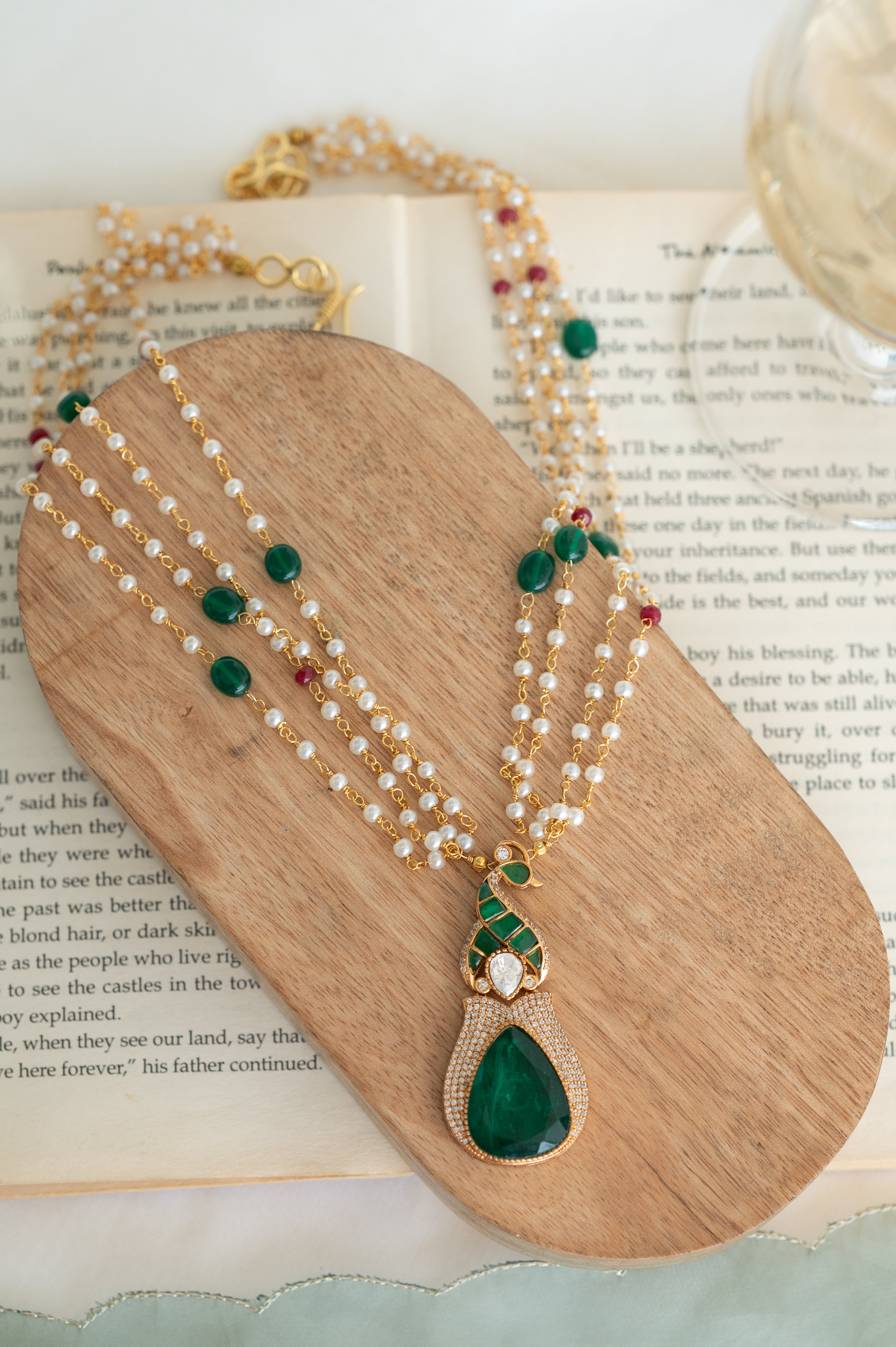 Royal Green Pearl Beaded Peacock Pendant with Kundan