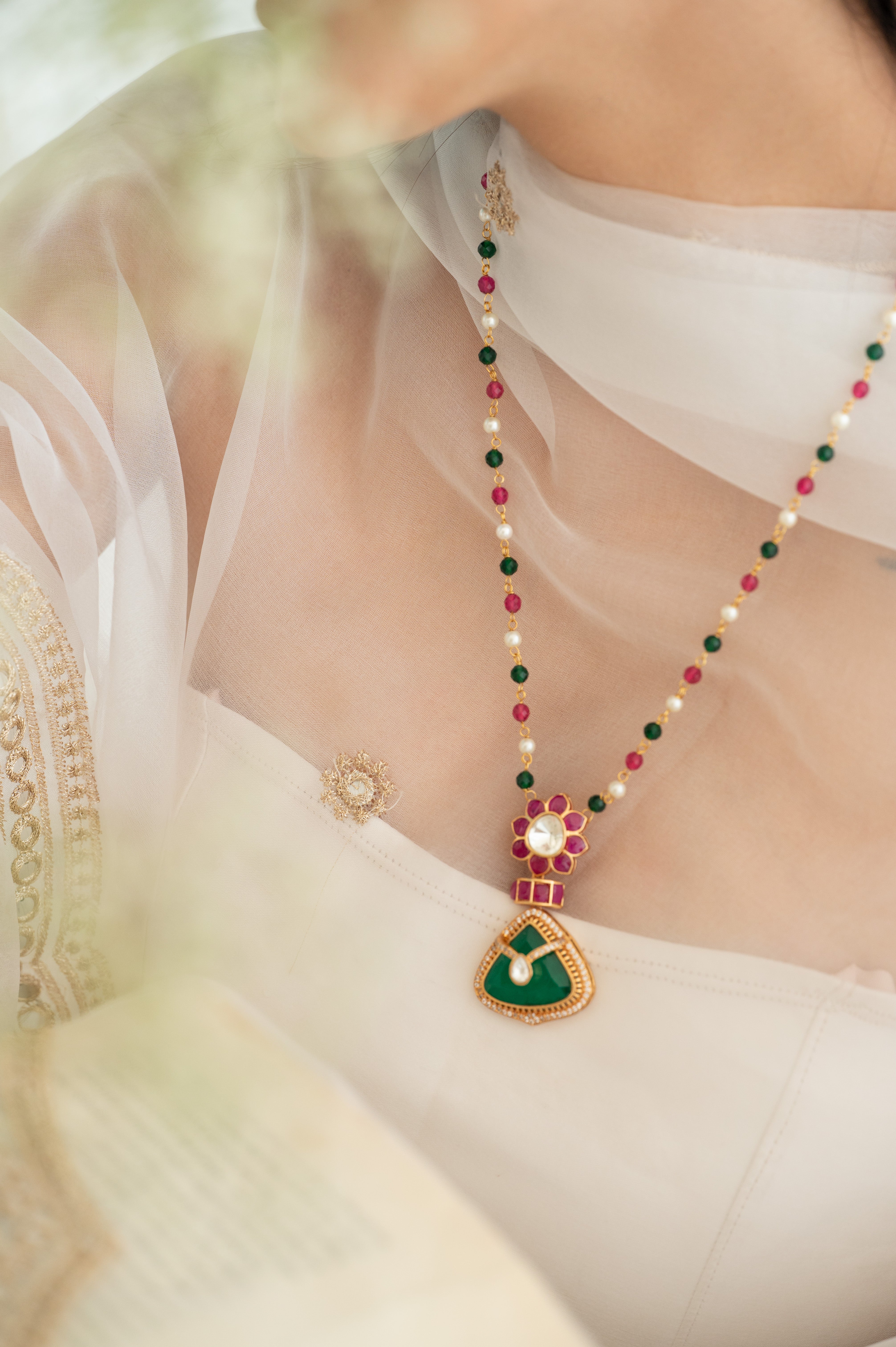 Ruby Red, Emerald Green and Pearl Beaded Gold-Plated Pendant Set