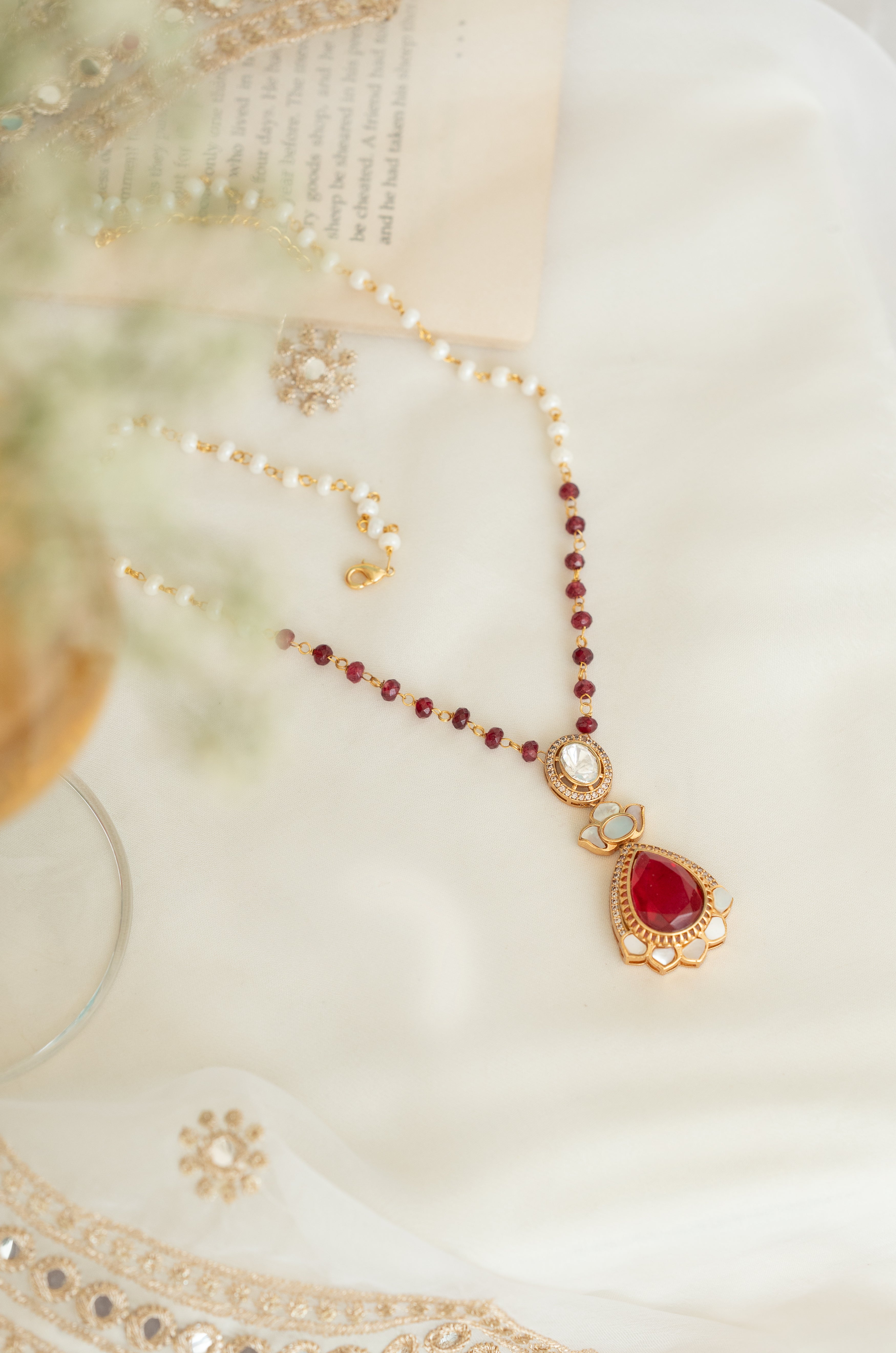 Red Stone and Pearl Beaded Kundan Pendant Necklace