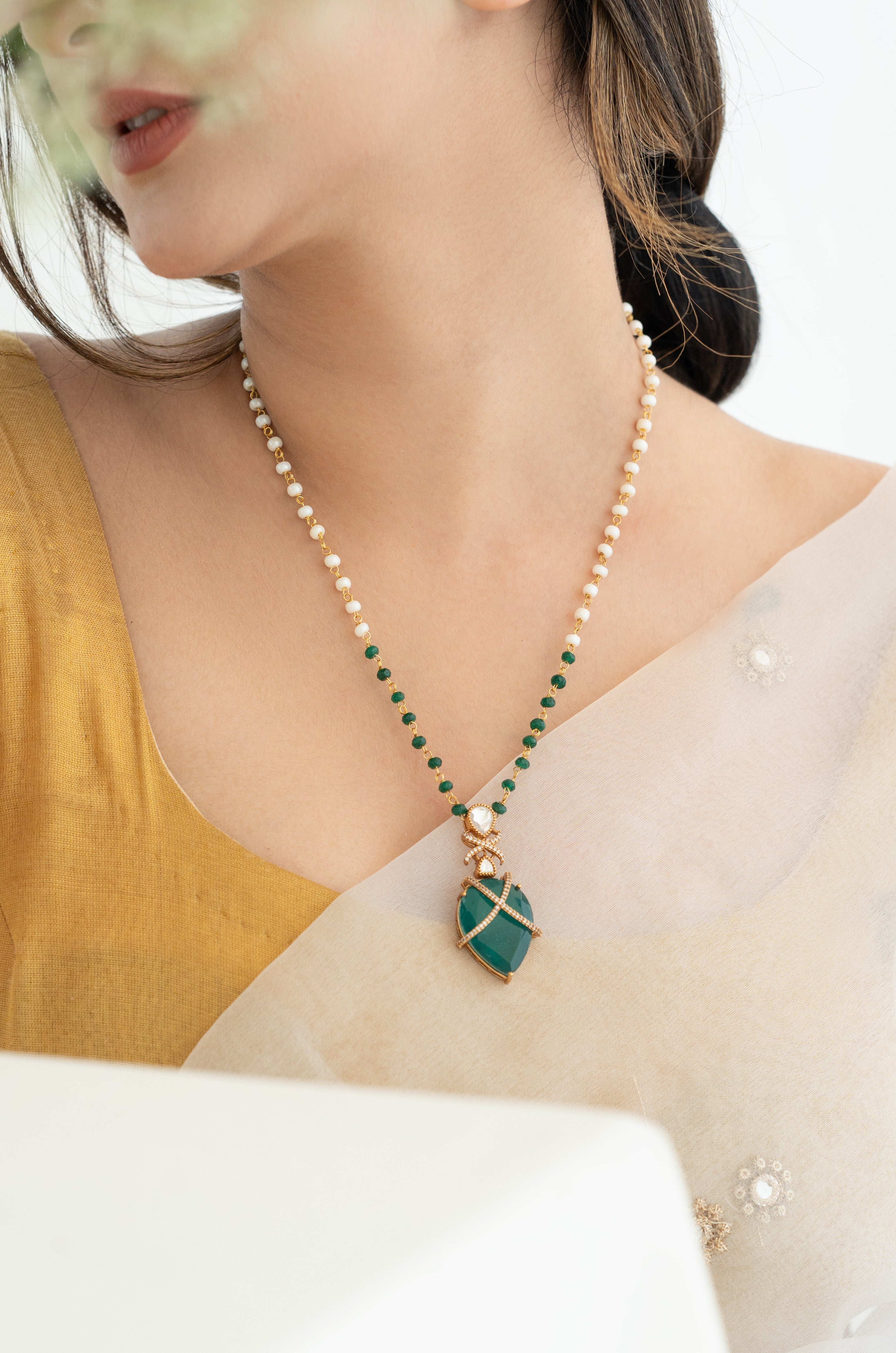 Elegant Pearl and Green Stone Ethnic Pendant Necklace