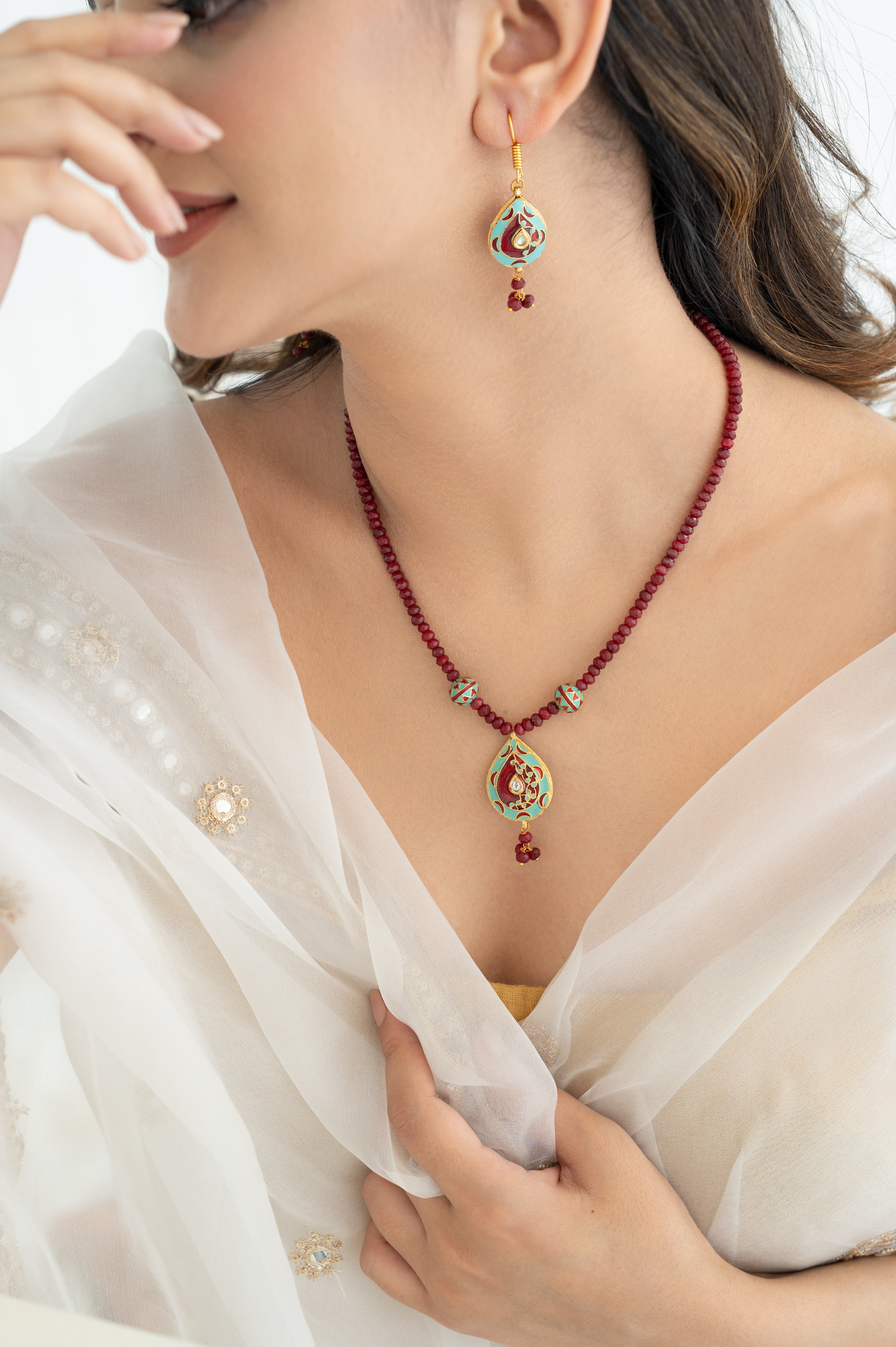 Handcrafted Enamel Meenakari Pendant Necklace and Earring Set