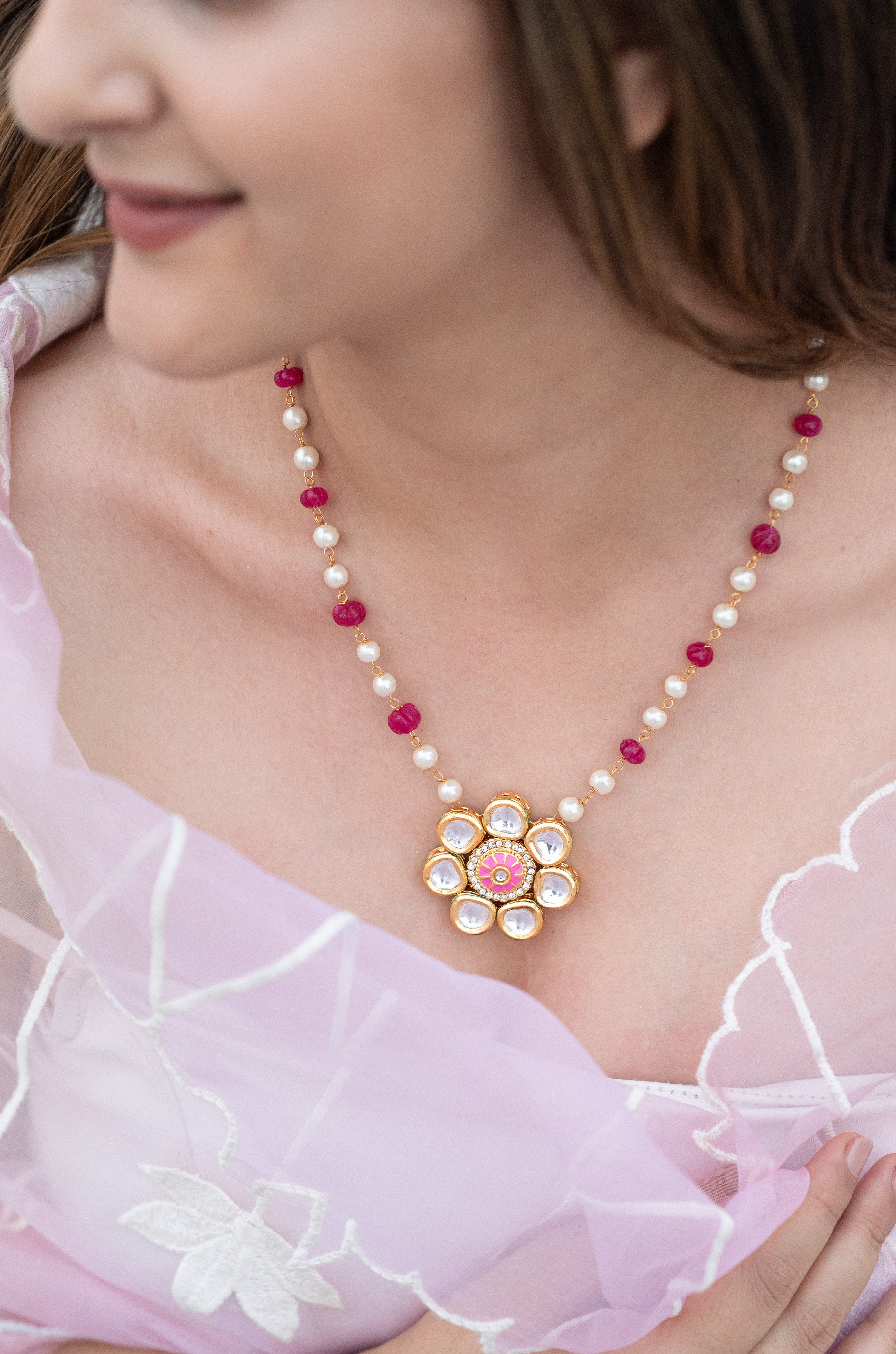 Hot Pink Stone Kundan Meenakari Beaded Pendant Set