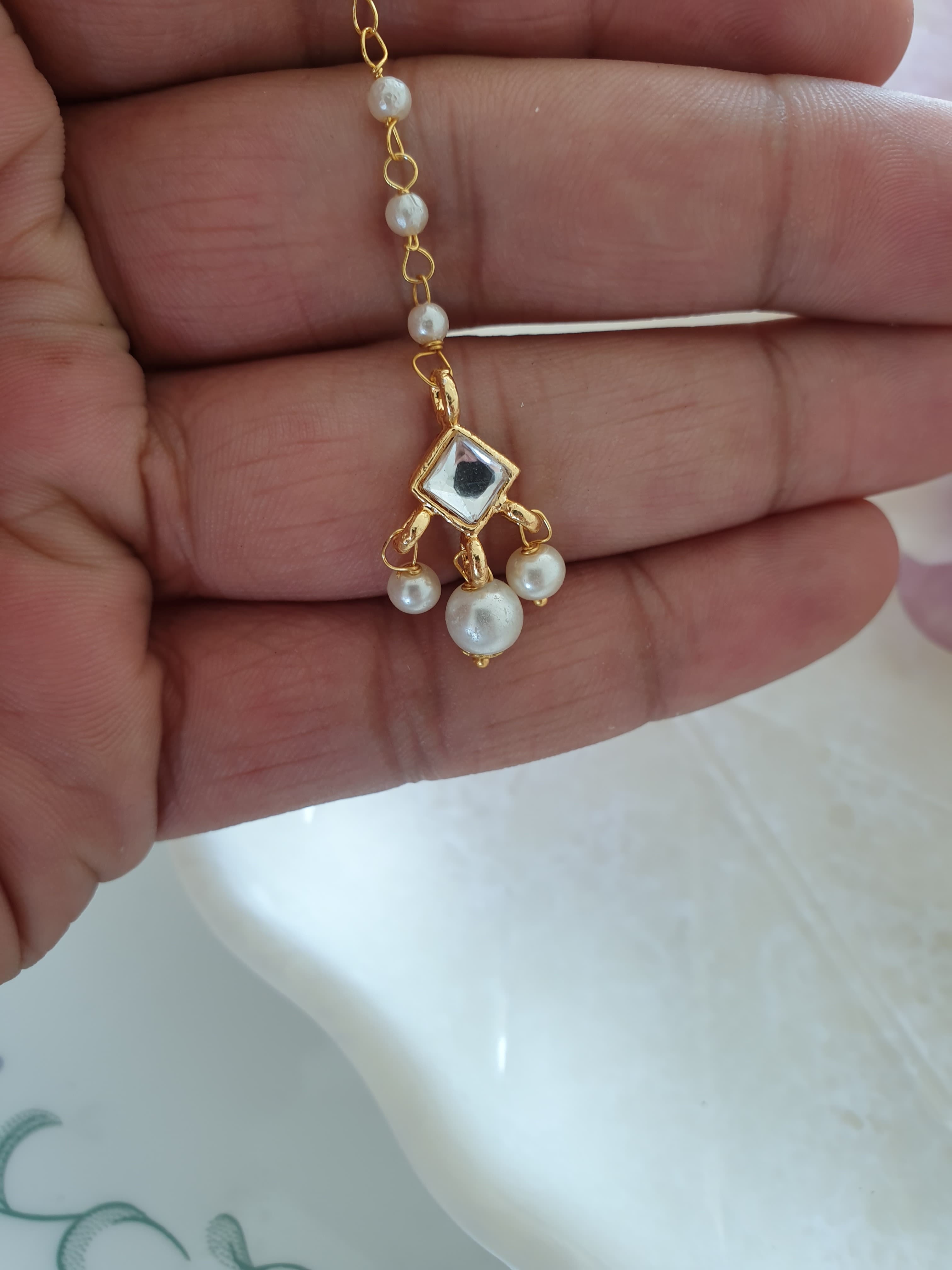 White Square Stone Meenakari Pearl Beaded Maang Tikka
