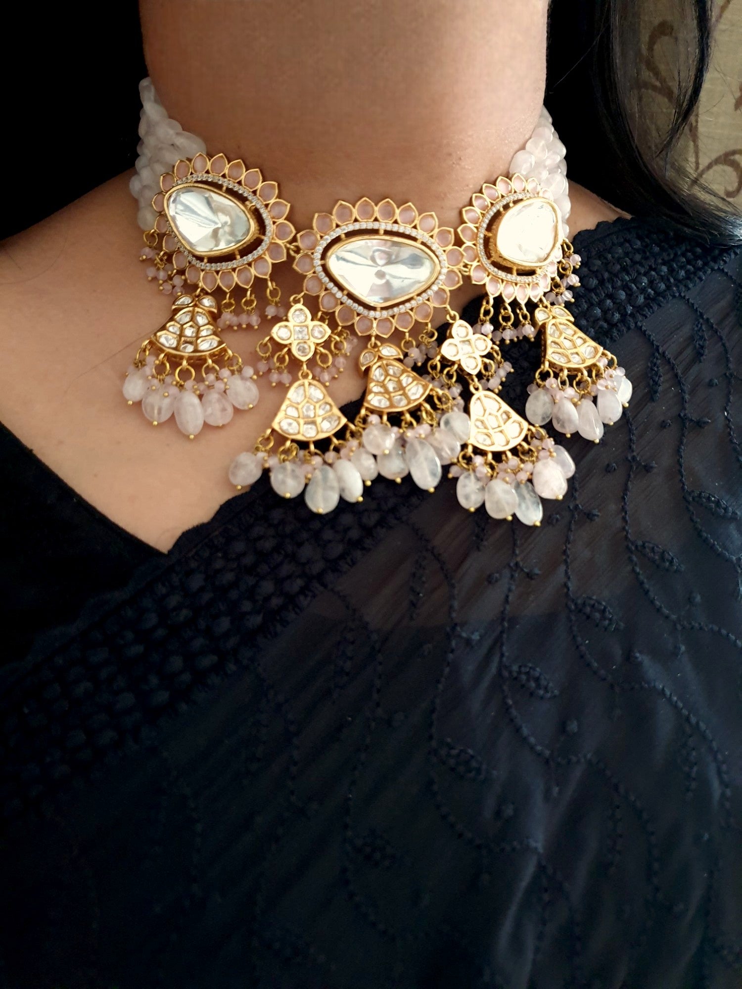 Kundan Polki Baby Pink Stone Beaded Necklace With Earrings