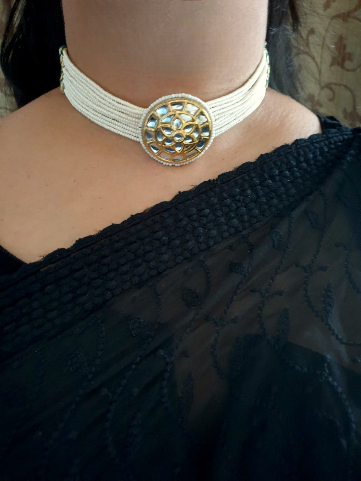 Pearl Seed Beads Kundan Rajputi Choker Necklace With Earrings