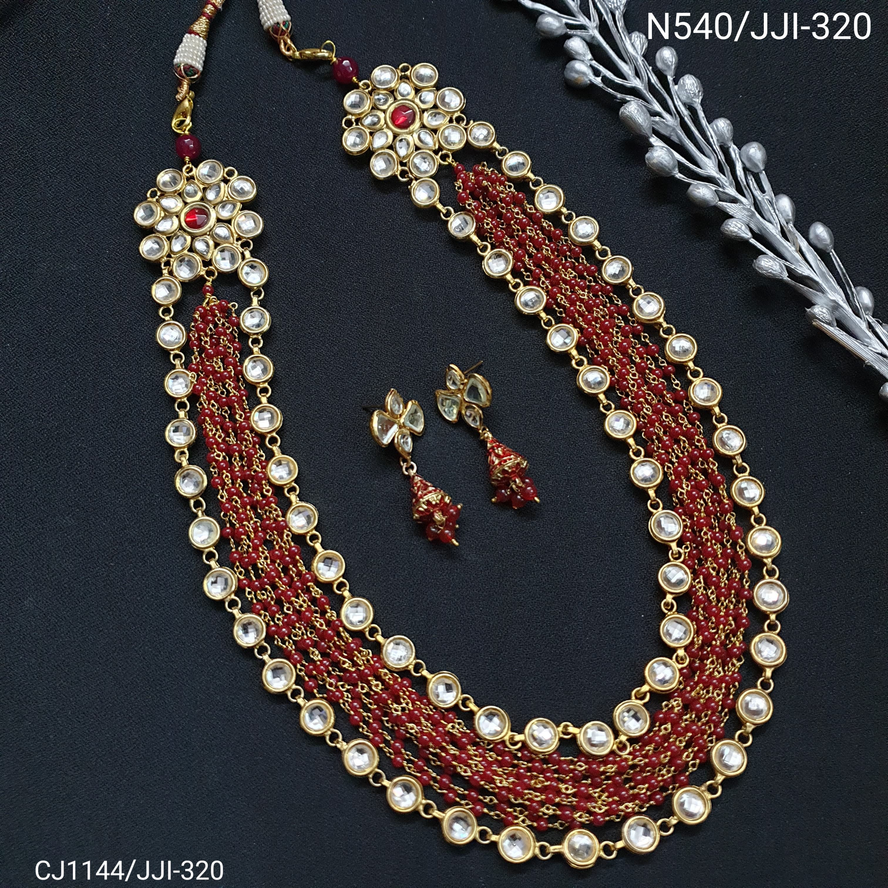 Kundan Long Beaded Necklace With Earrings
