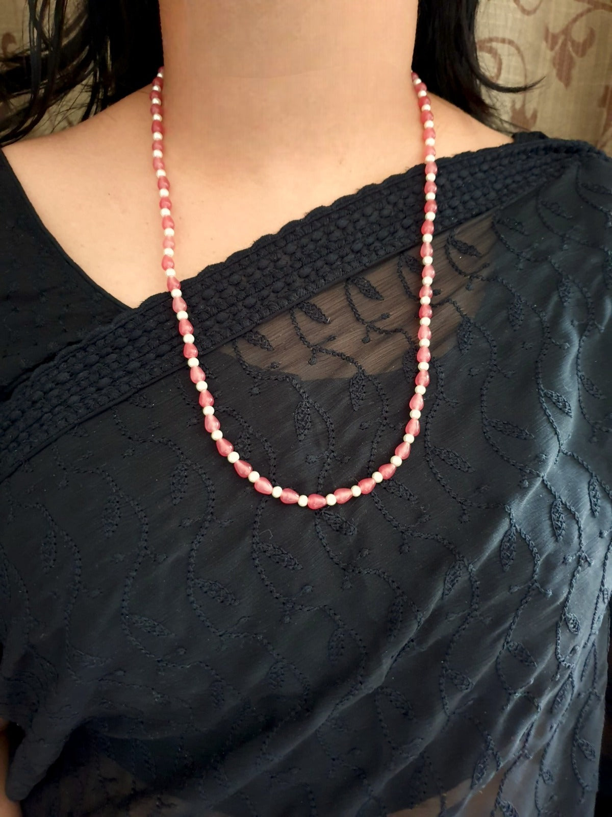 Pink Drop Stone Single Layered Pearl Long Mala