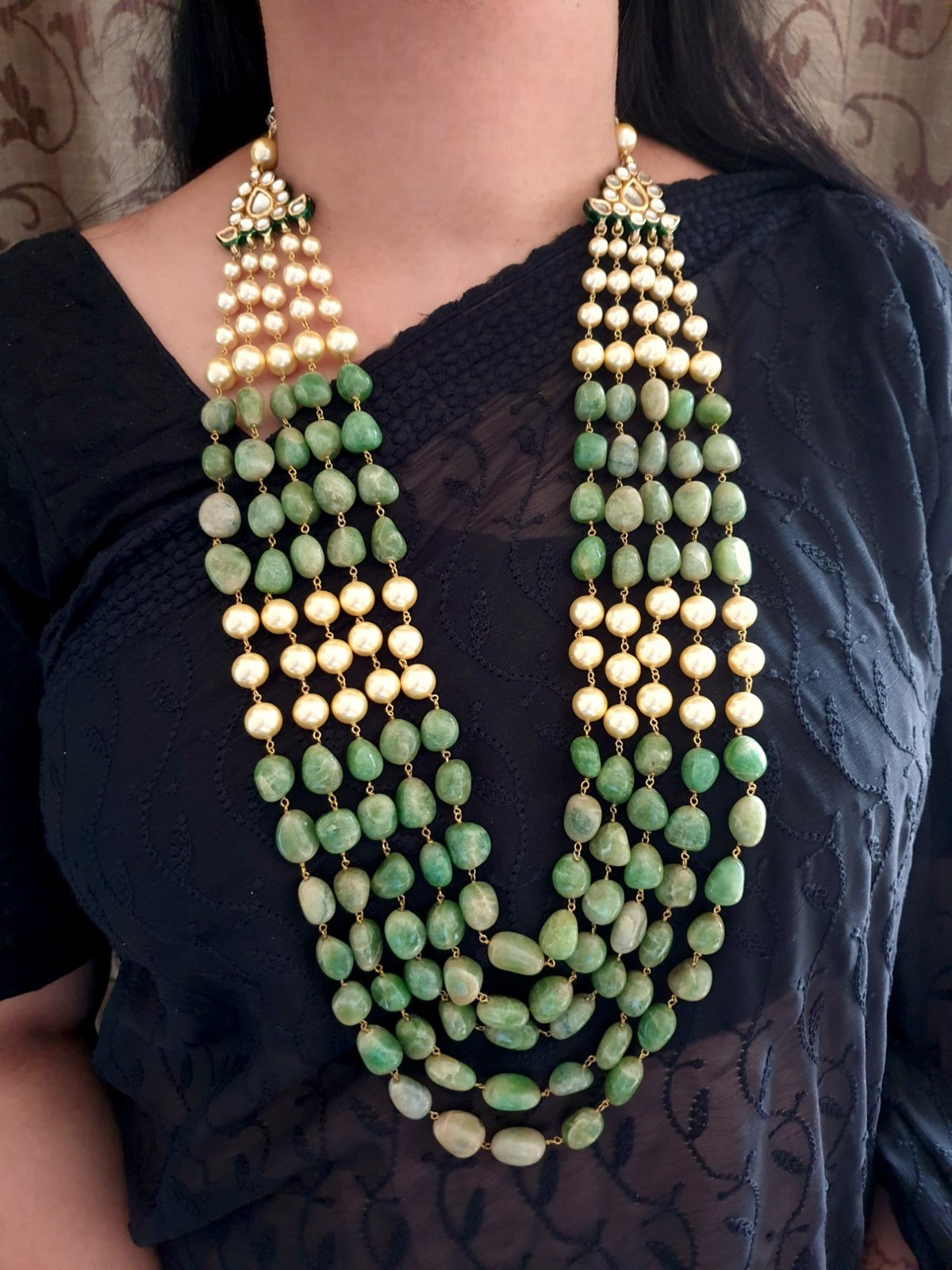 Green Stone Necklace Set With Kundan Brooch