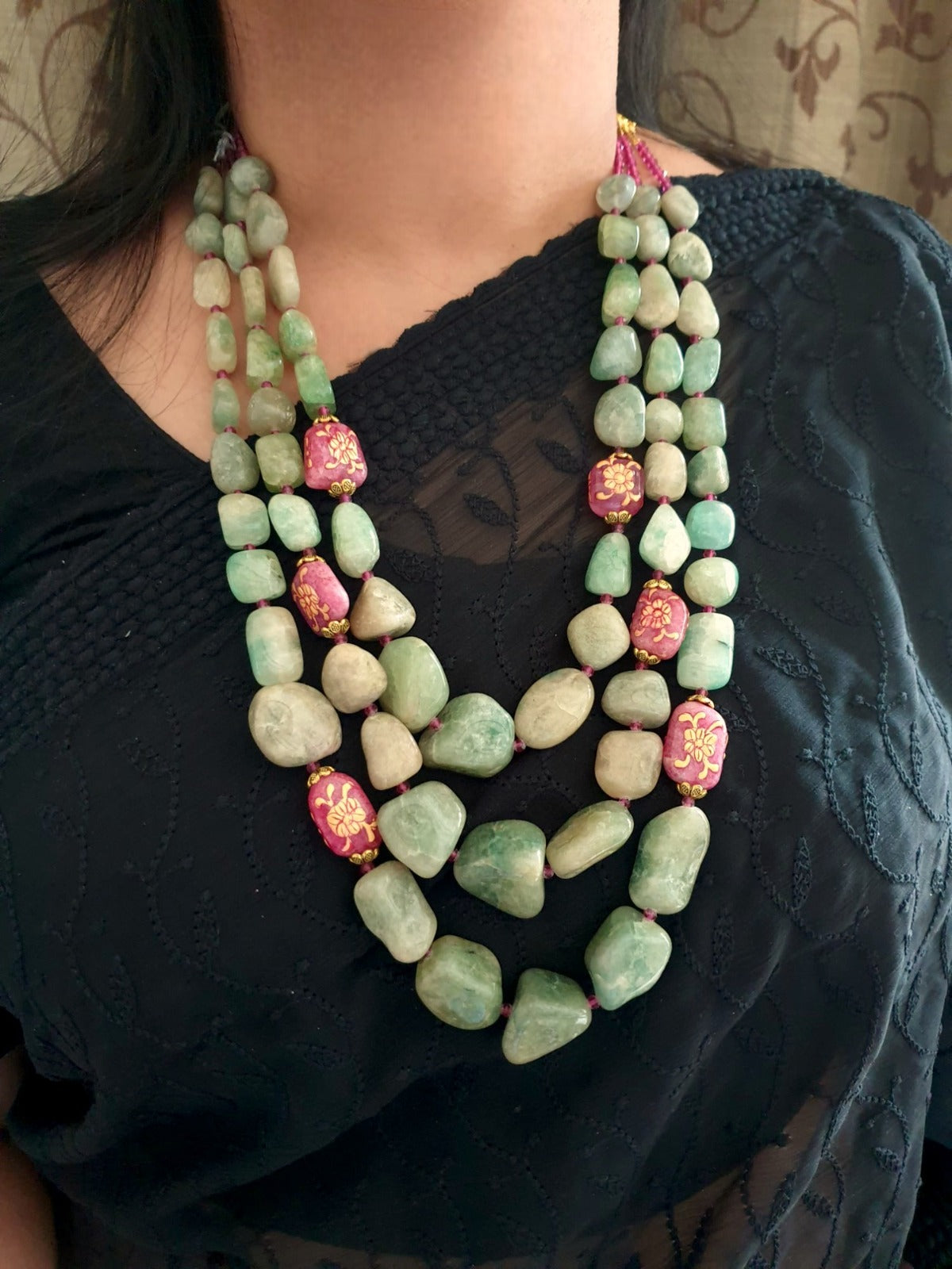 Emerald Green And Pink Handpainted Stone Necklace