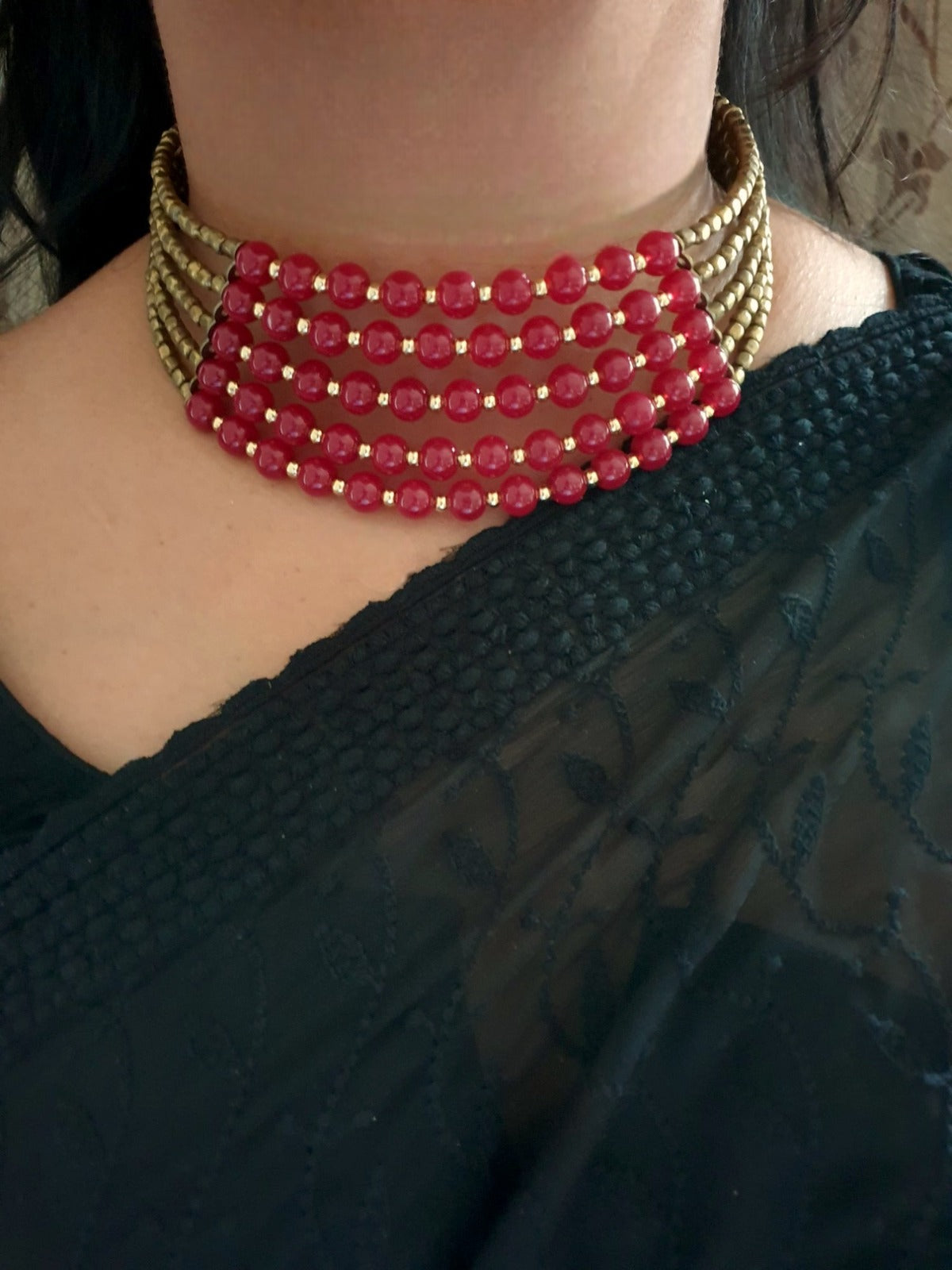 Red Beaded Adjustable Choker Necklace