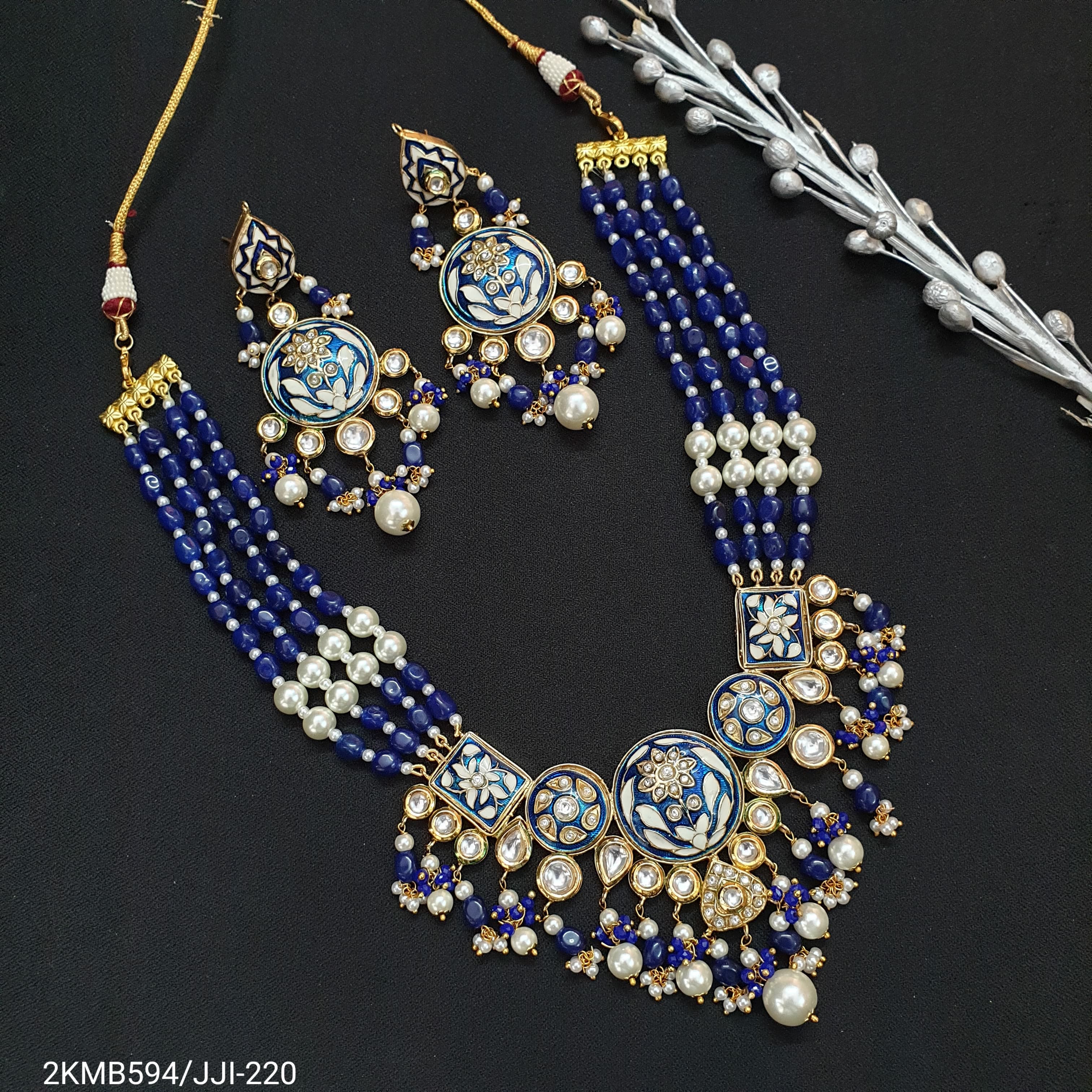 Blue Pearl Beaded Meenakari Necklace Set With Earrings