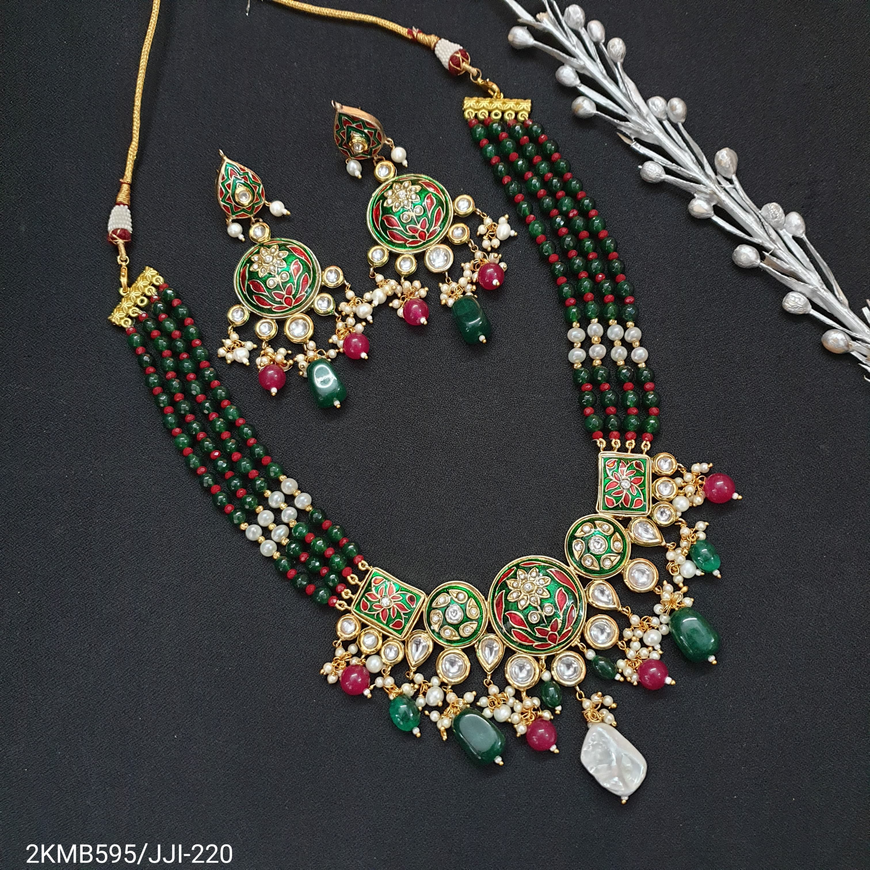Red Green Beaded Meenakari Necklace Set With Earrings