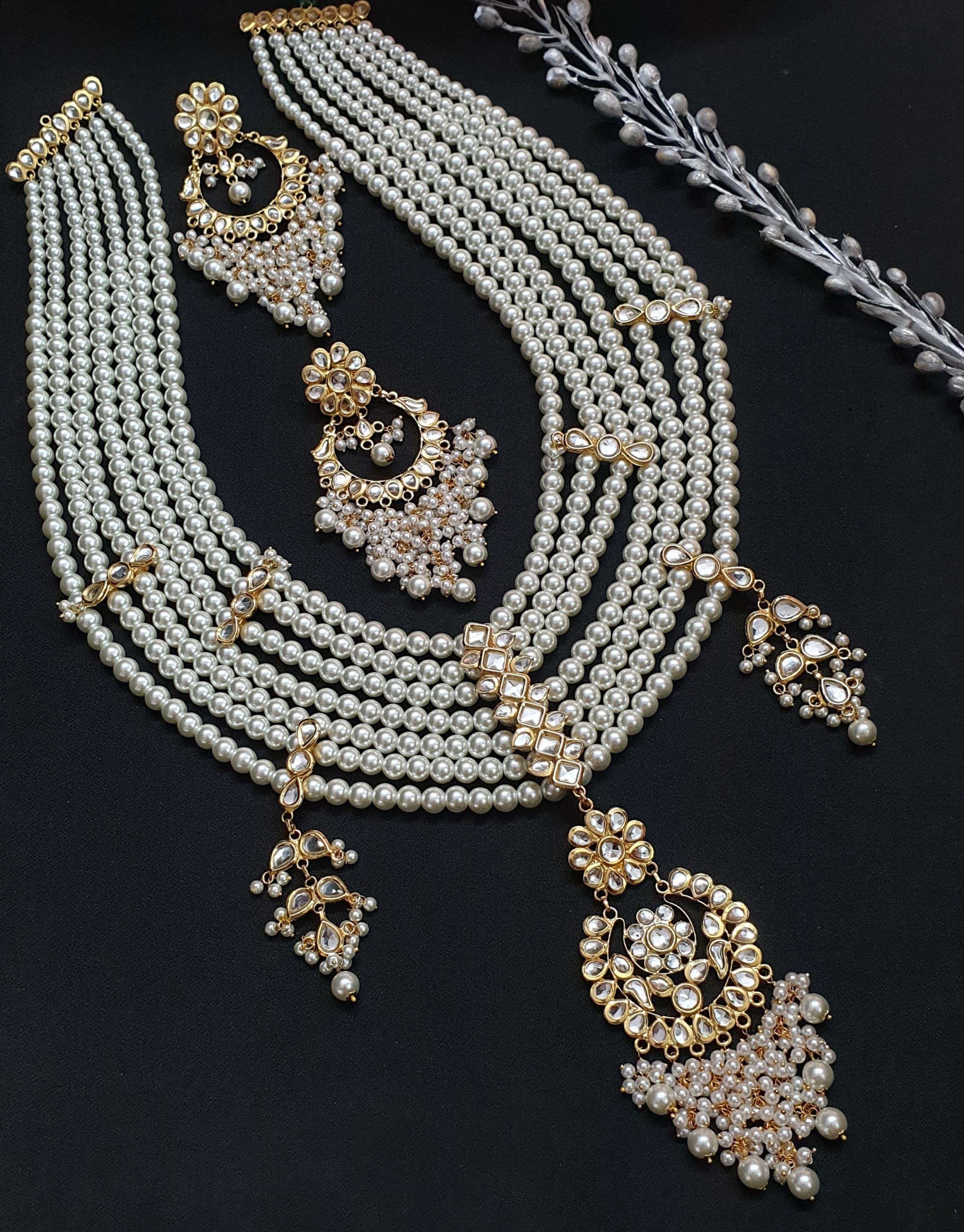 Kundan Long Beaded Seven Layered Necklace With Earrings