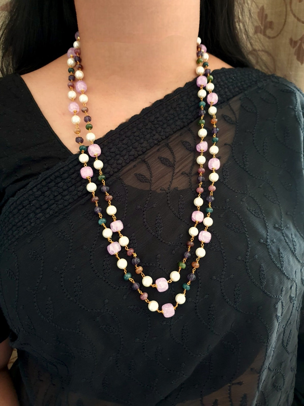 Light Purple Stone Double Layered Beads Pearl Long Mala