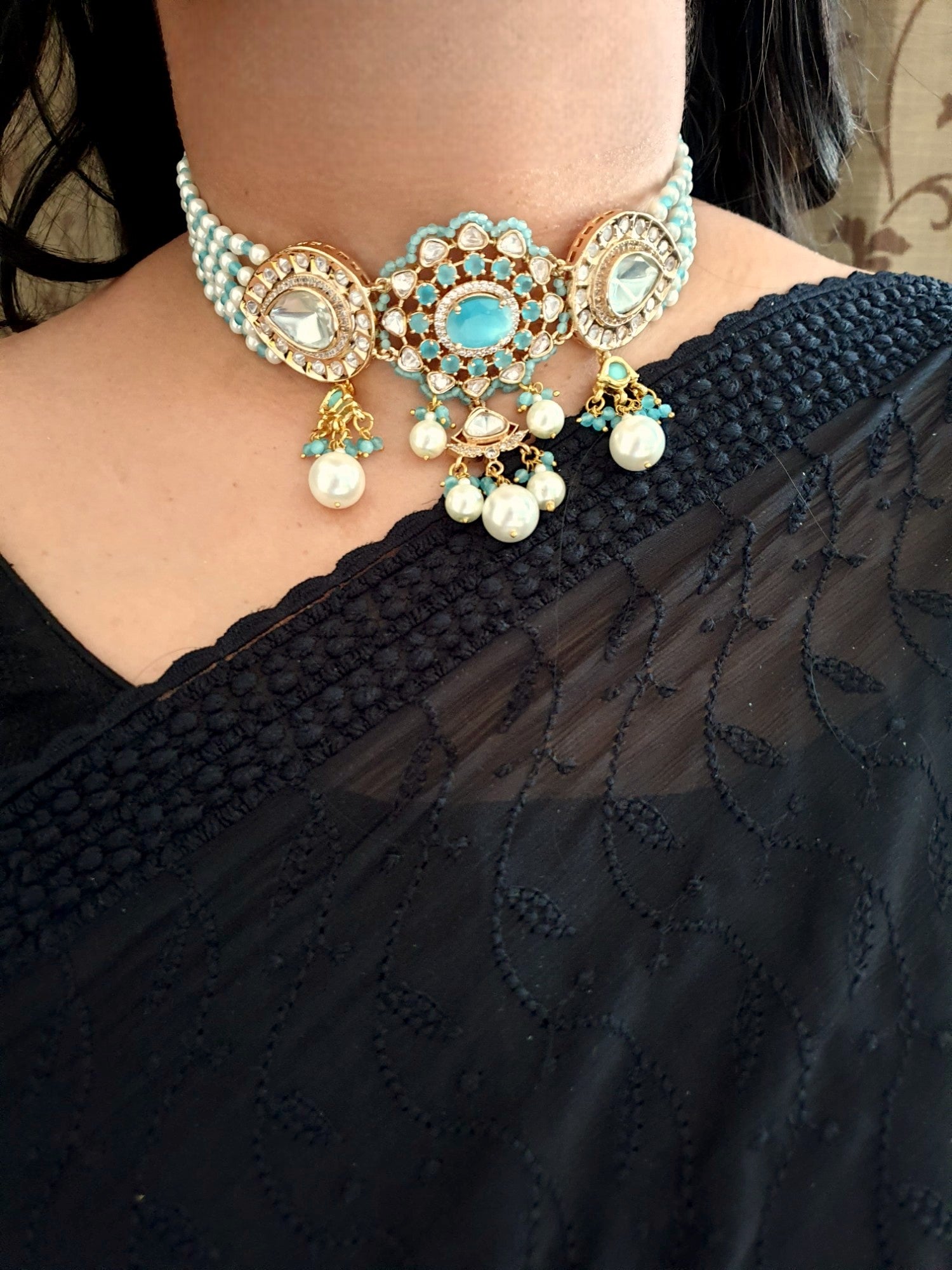 Floral Design Pearl and Aqua Stone Necklace With Earrings