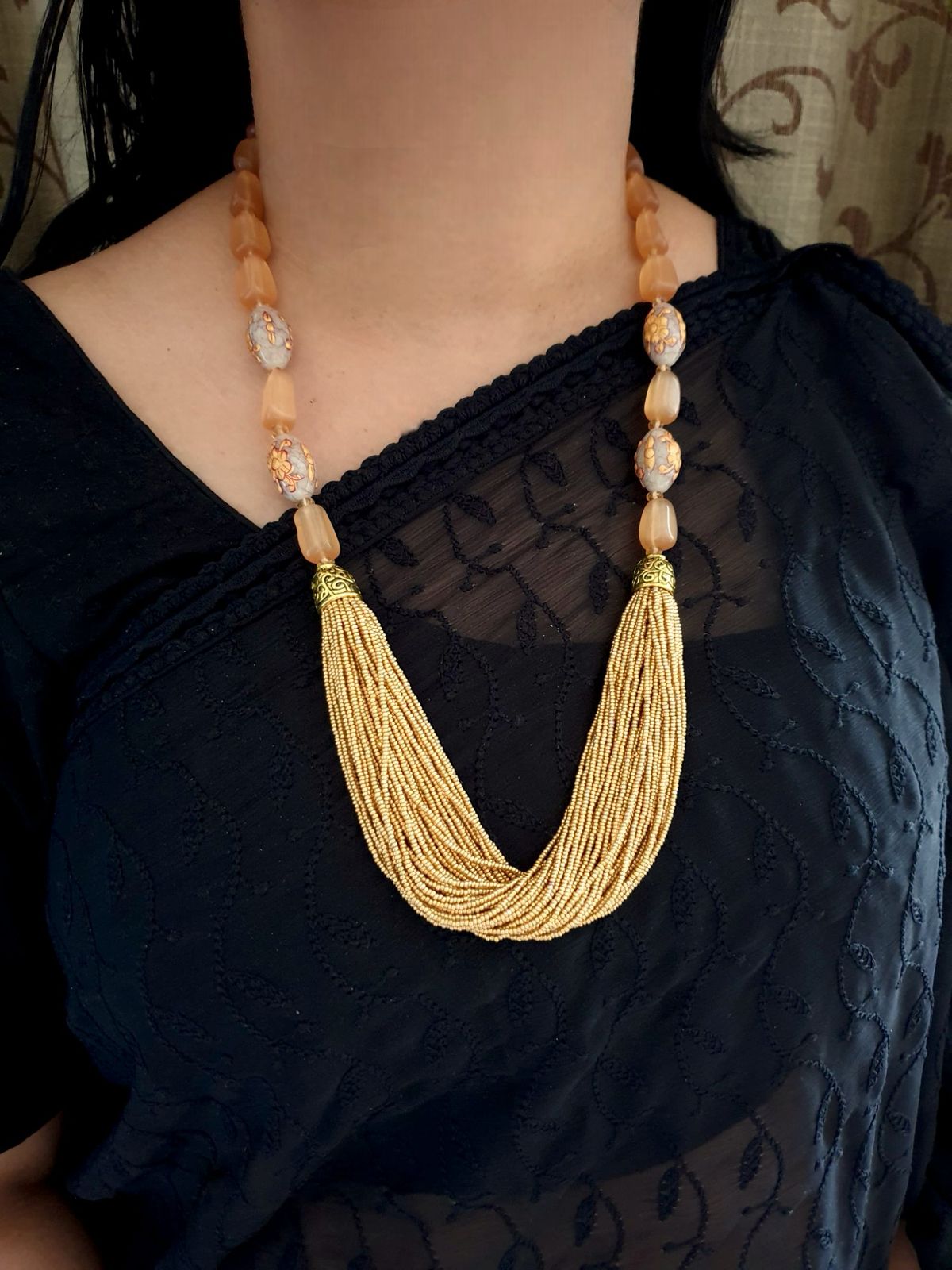 Handpainted Stones Golden Seed Bead Necklace Set