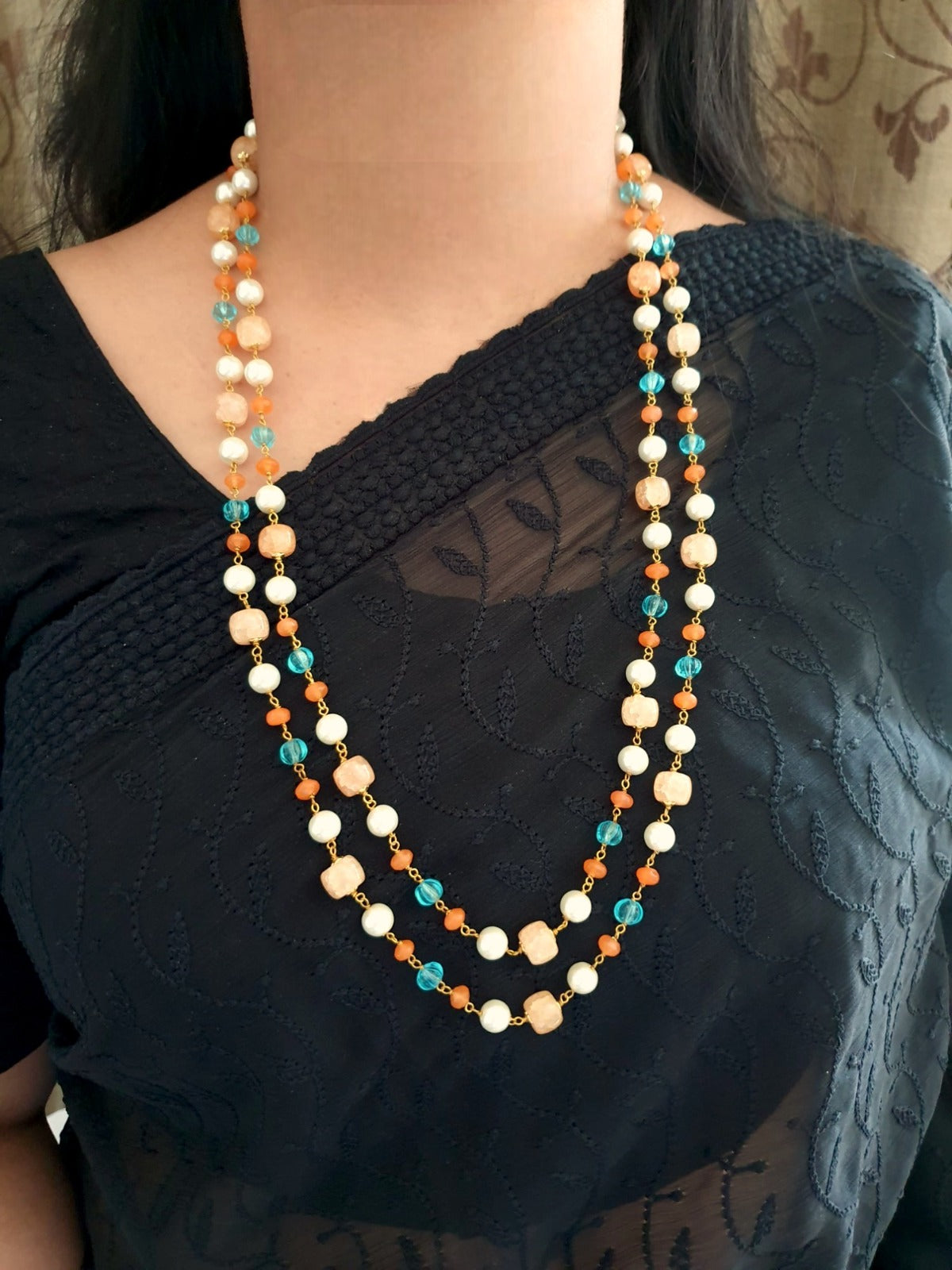 Orange Stone Pearl Long Necklace Mala