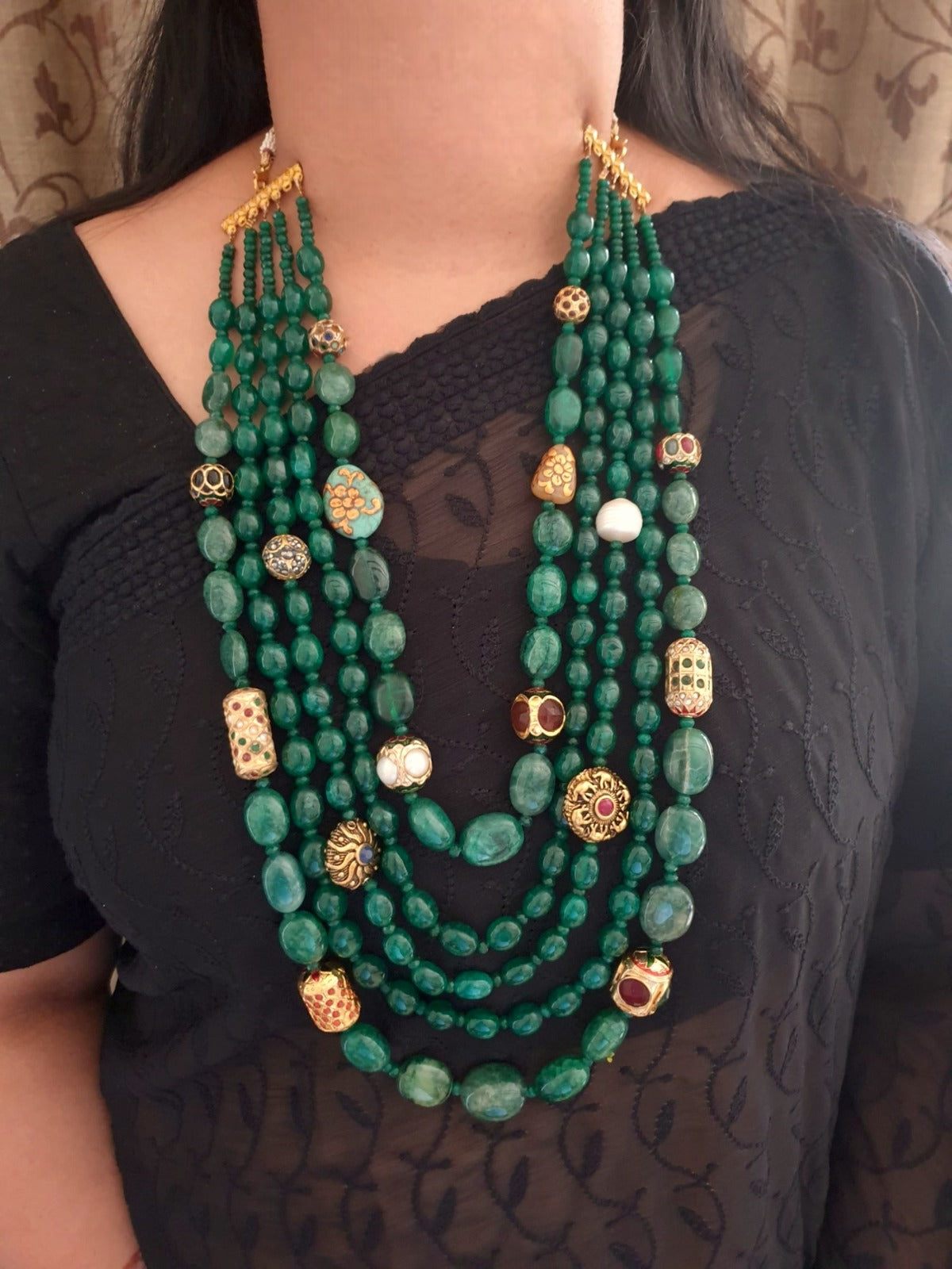 Green Cocktail Jewellery Necklace Set With Anitque Beads