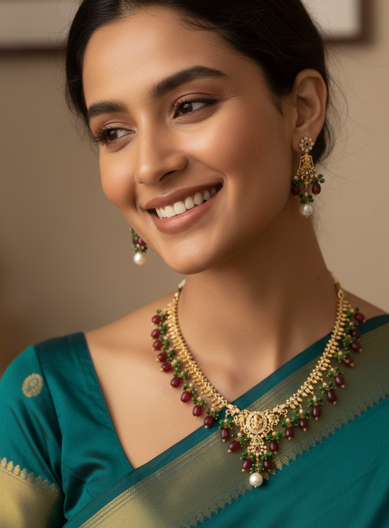 Premium South Indian Temple Jewelry Necklace Set with Lakshmi Pendant