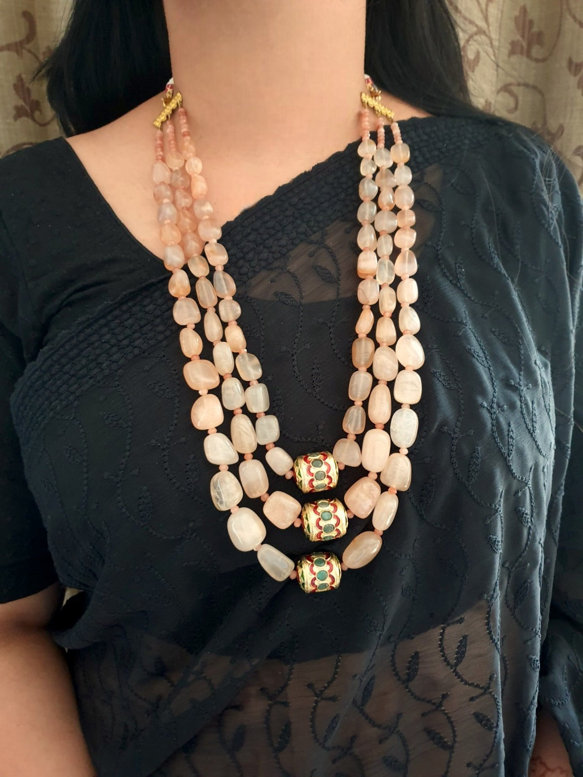 Beige Jadau Beaded Long Necklace