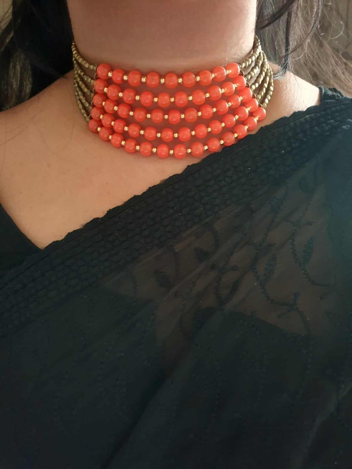 Orange Beaded Adjustable Choker Necklace