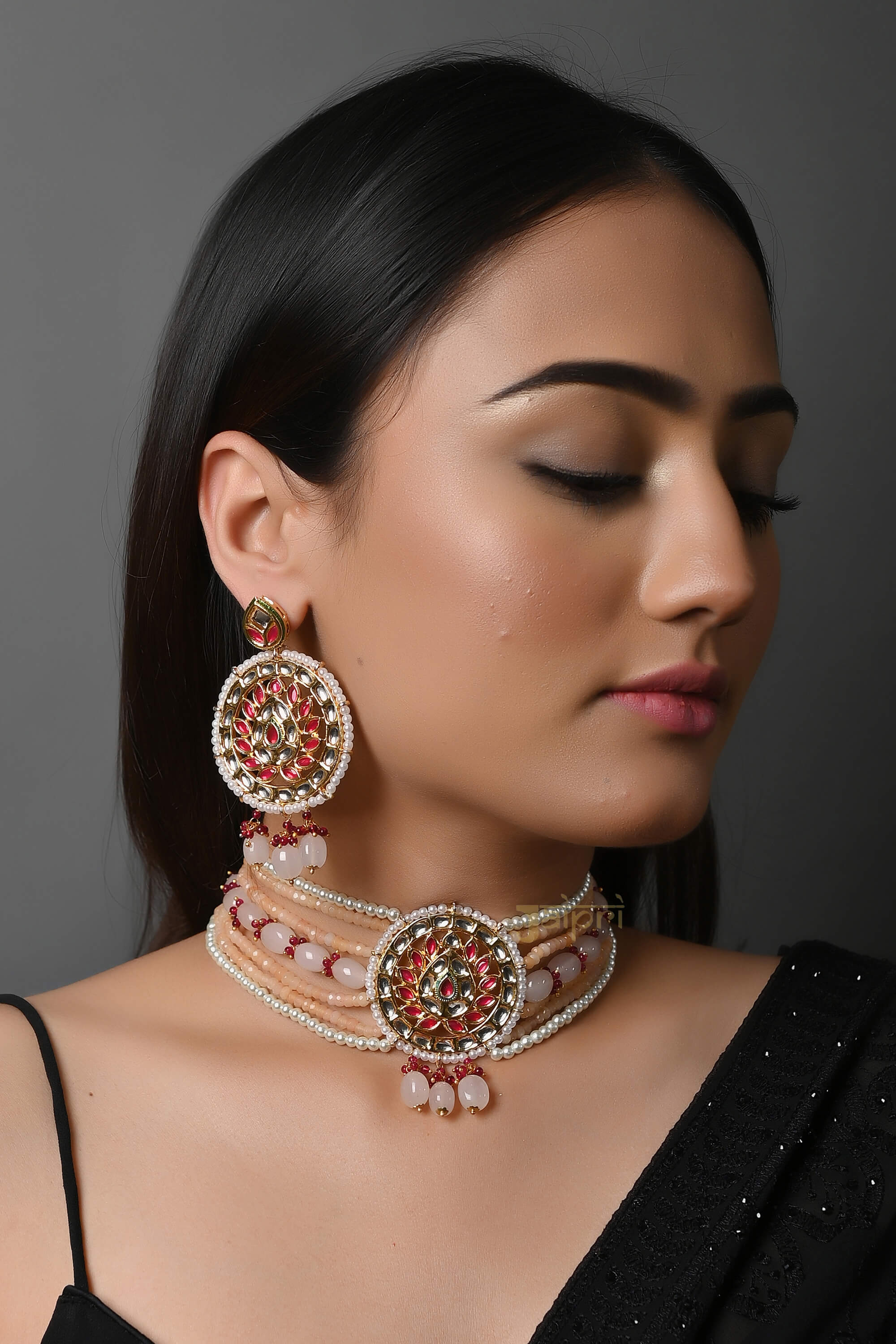 Peach Pink Stone Kundan Choker Necklace With Earrings