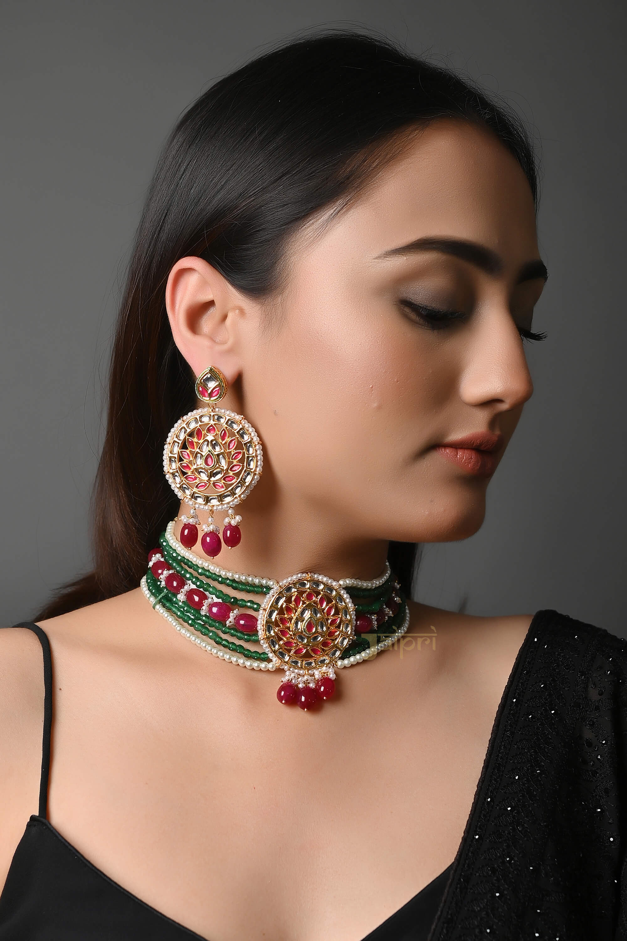 Floral Multicolor Kundan-Jadau Stone Choker With Earrings