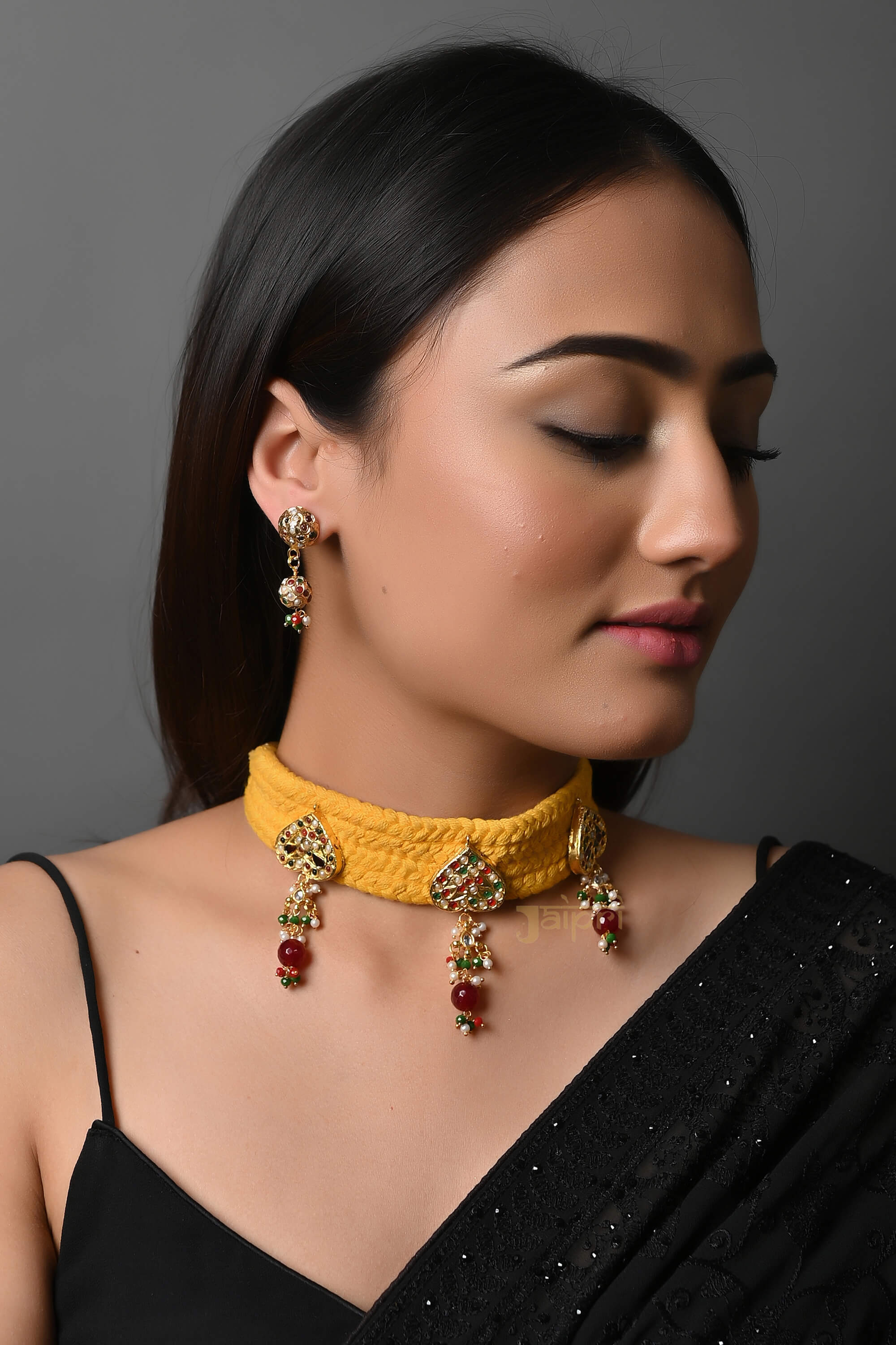 Jadau Beads Yellow Thread Choker Set