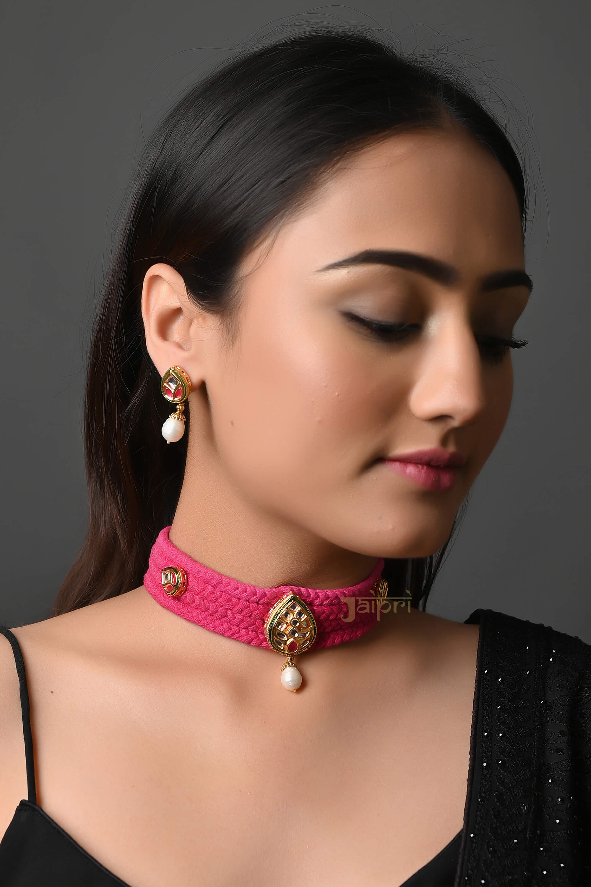 Pink Thread Kundan Choker Set With Earrings