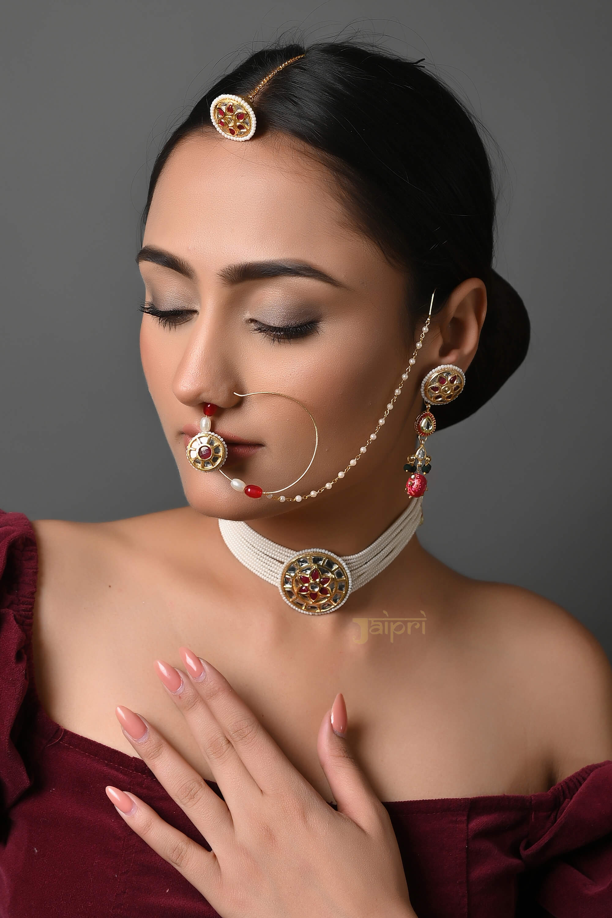 Kundan Choker Necklace With Earrings, Nath And Maang Tikka