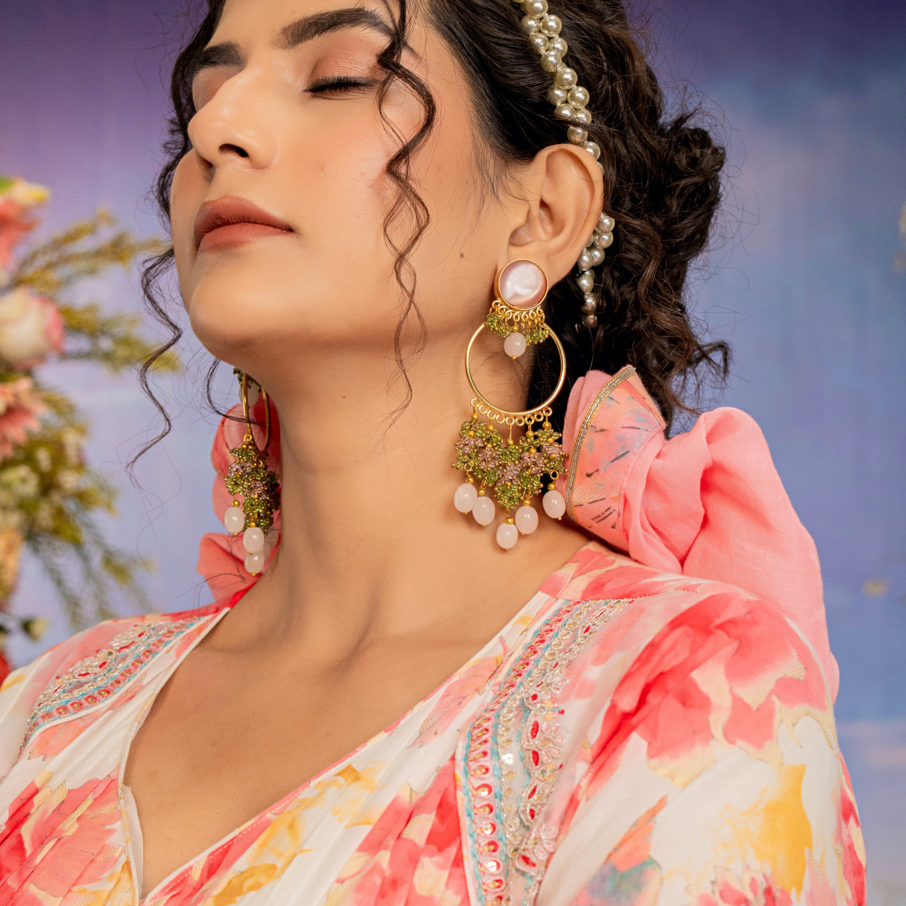 Rose Quartz and Green Beaded Hoop Earrings