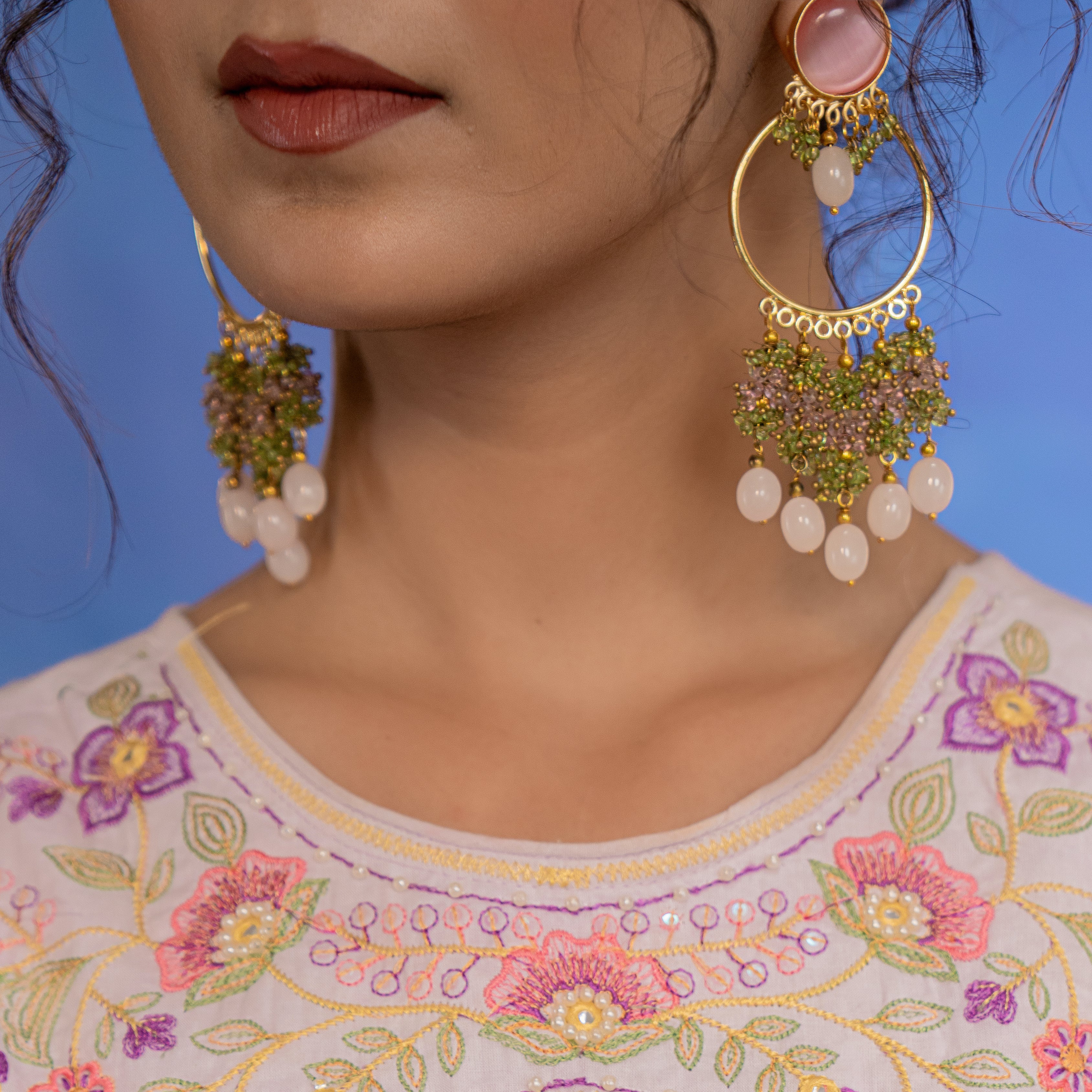 Rose Quartz and Green Beaded Hoop Earrings