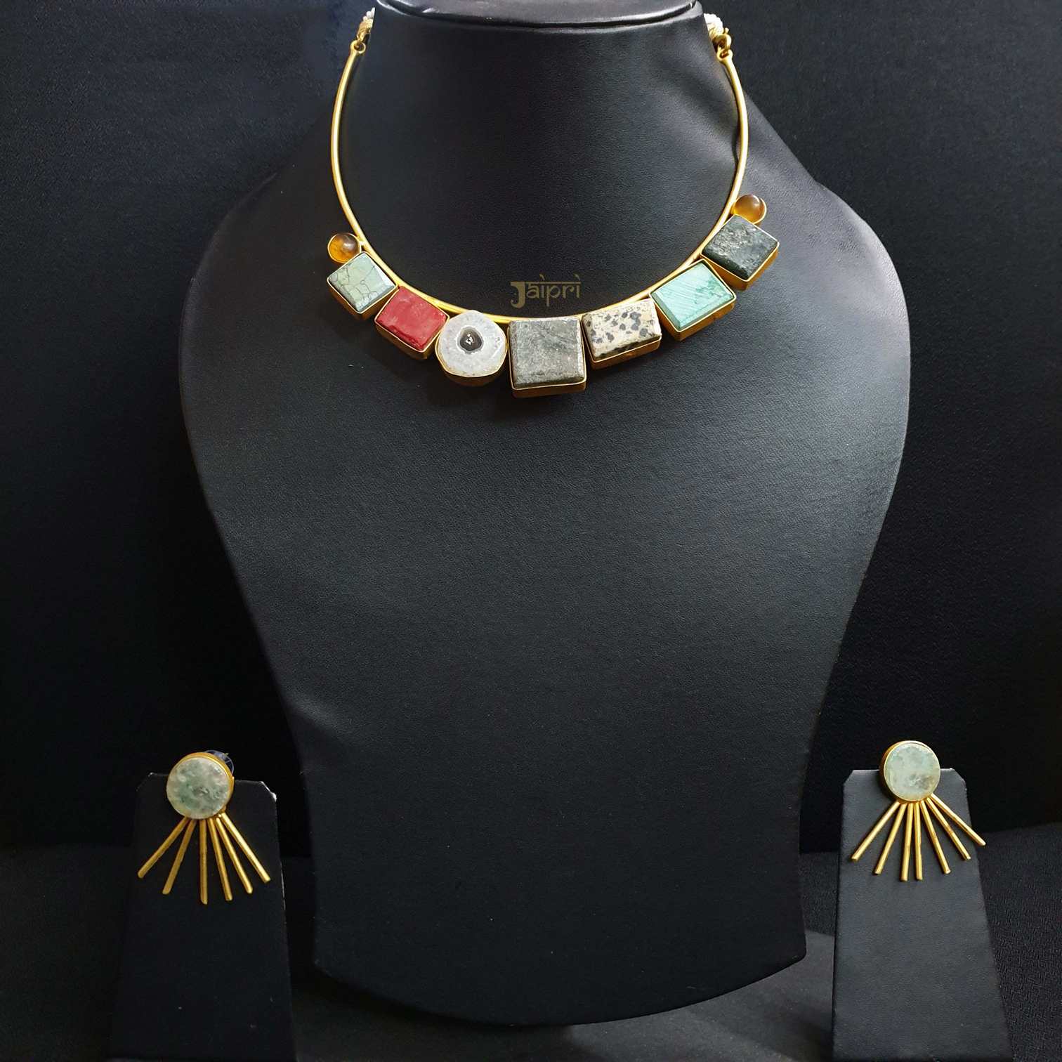 Natural Multicolor Stone Gold Necklace With Earrings