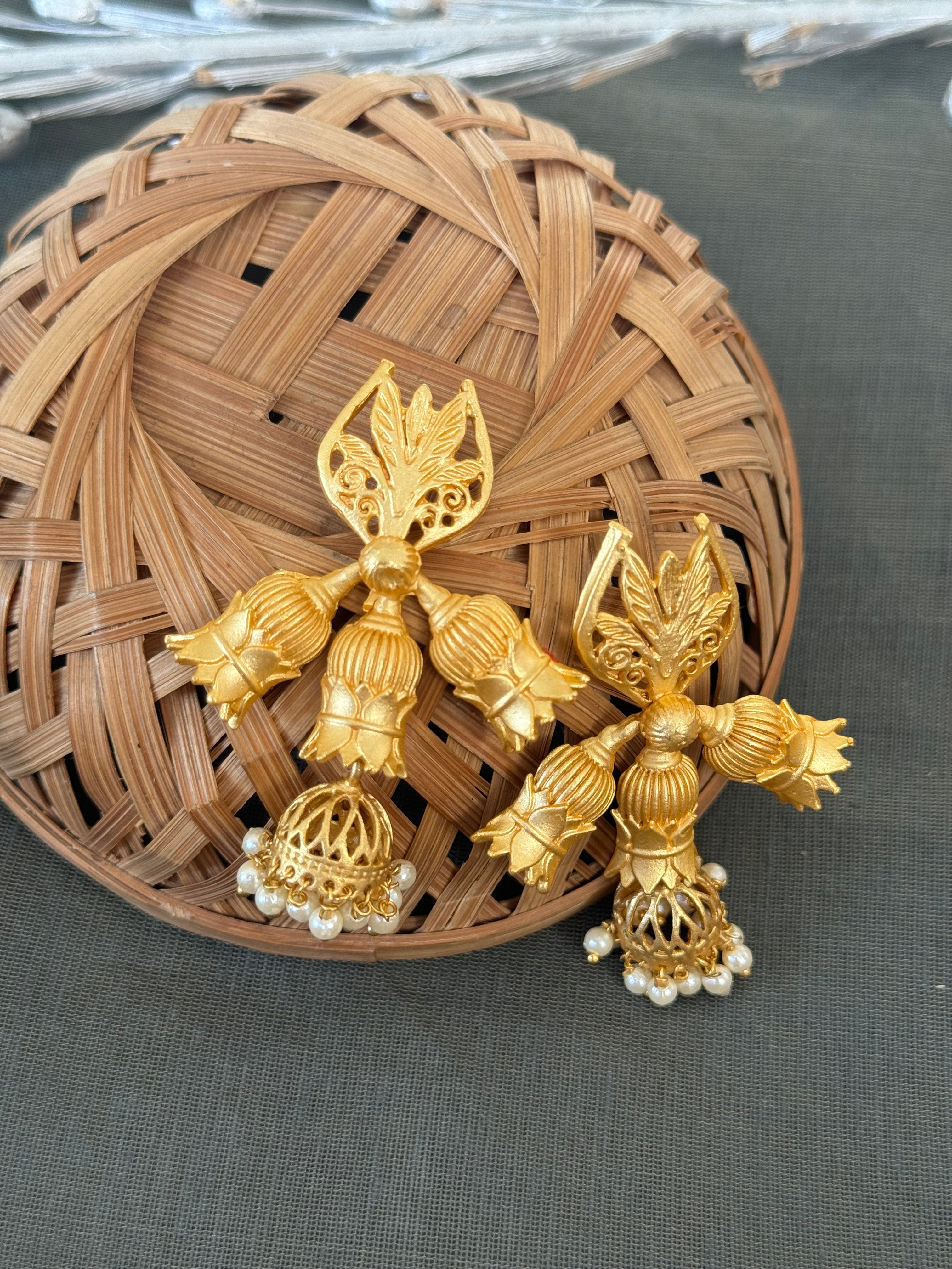 Floral Matte Gold Jhumki Earrings