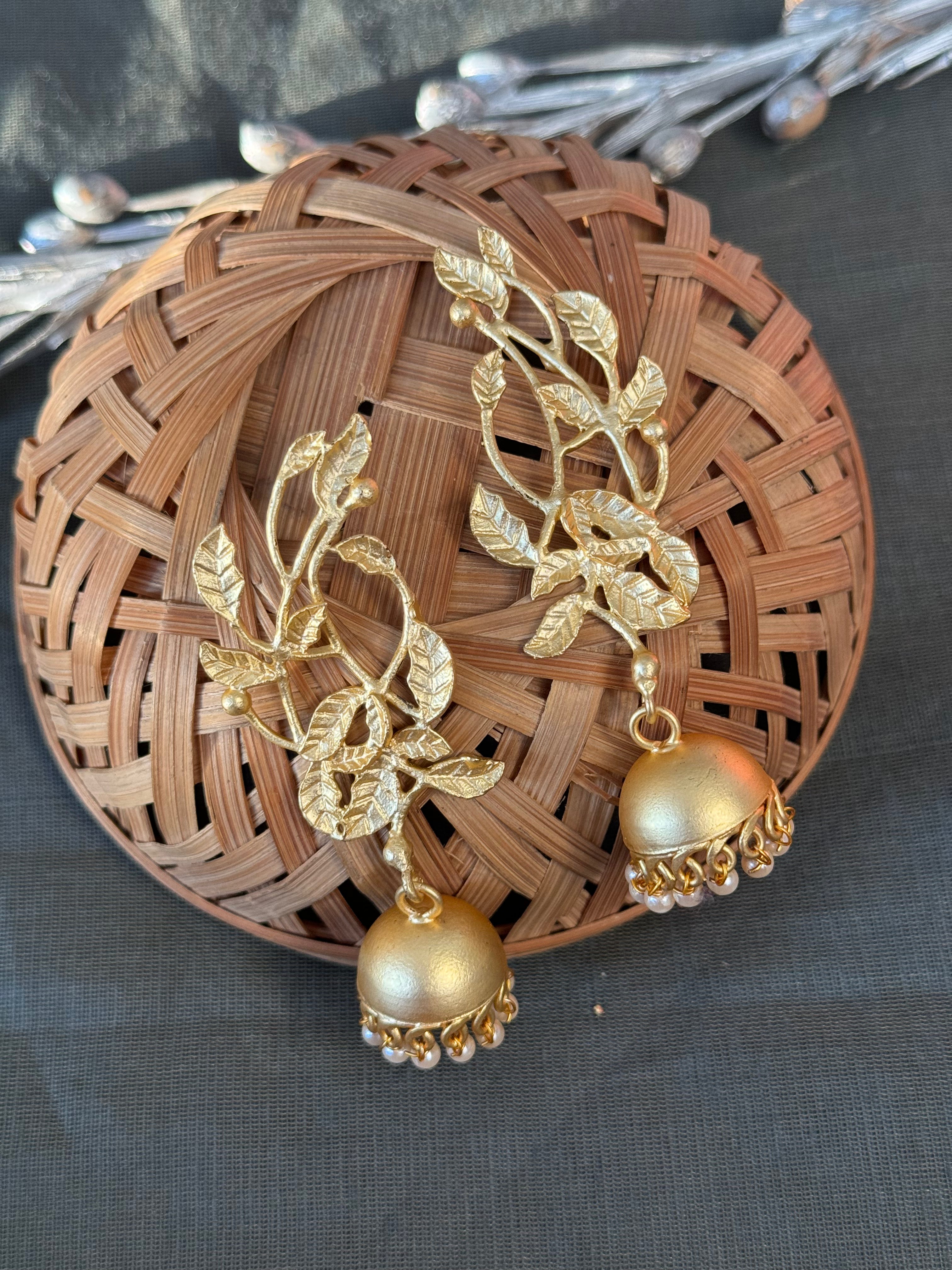 Leaf Gold Matte Jhumki Earrings