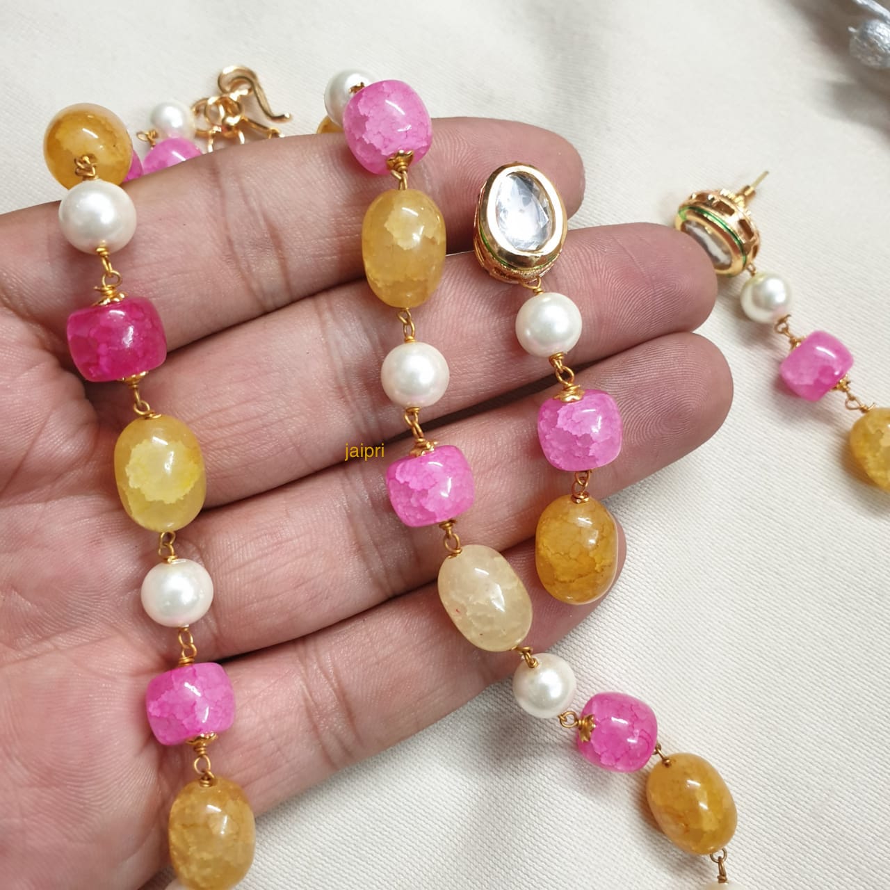 Yellow Pink Stone Beads Pearl Long Mala