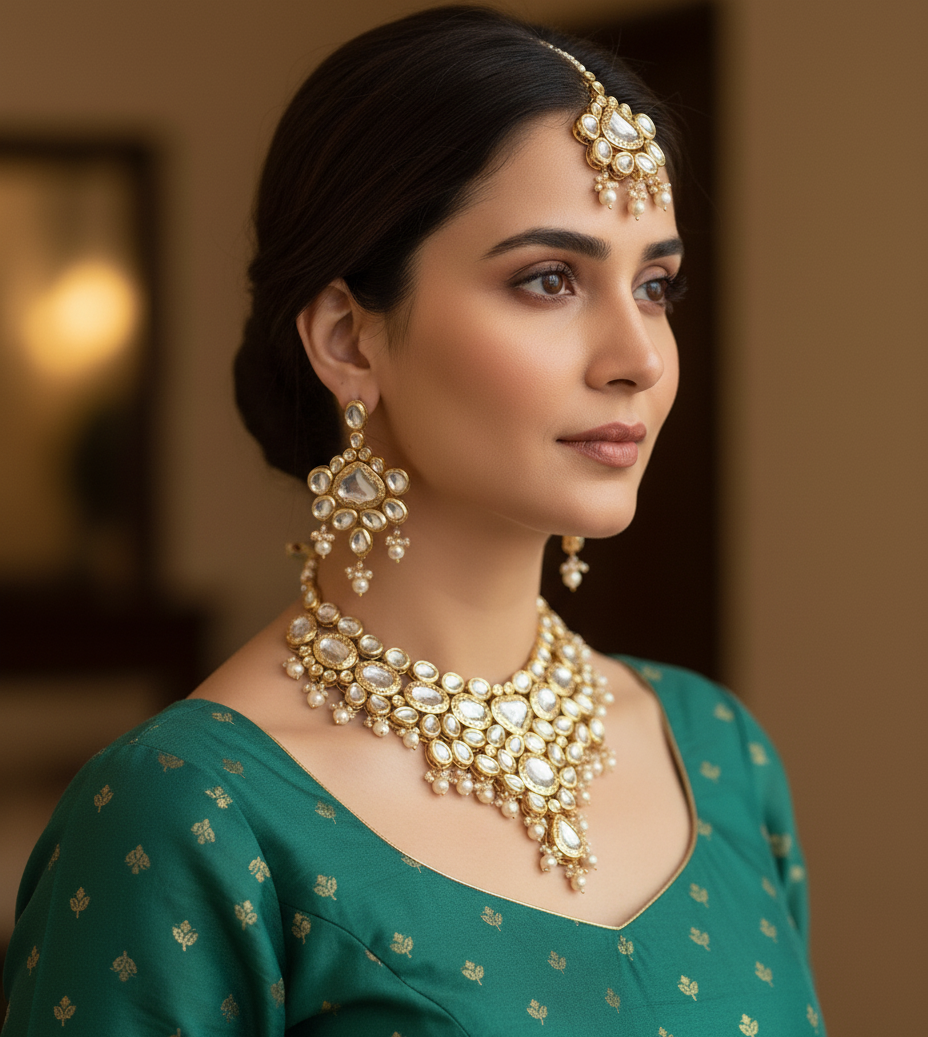 Kundan Polki Pearl Bridal Necklace, Earrings And Maangtikka