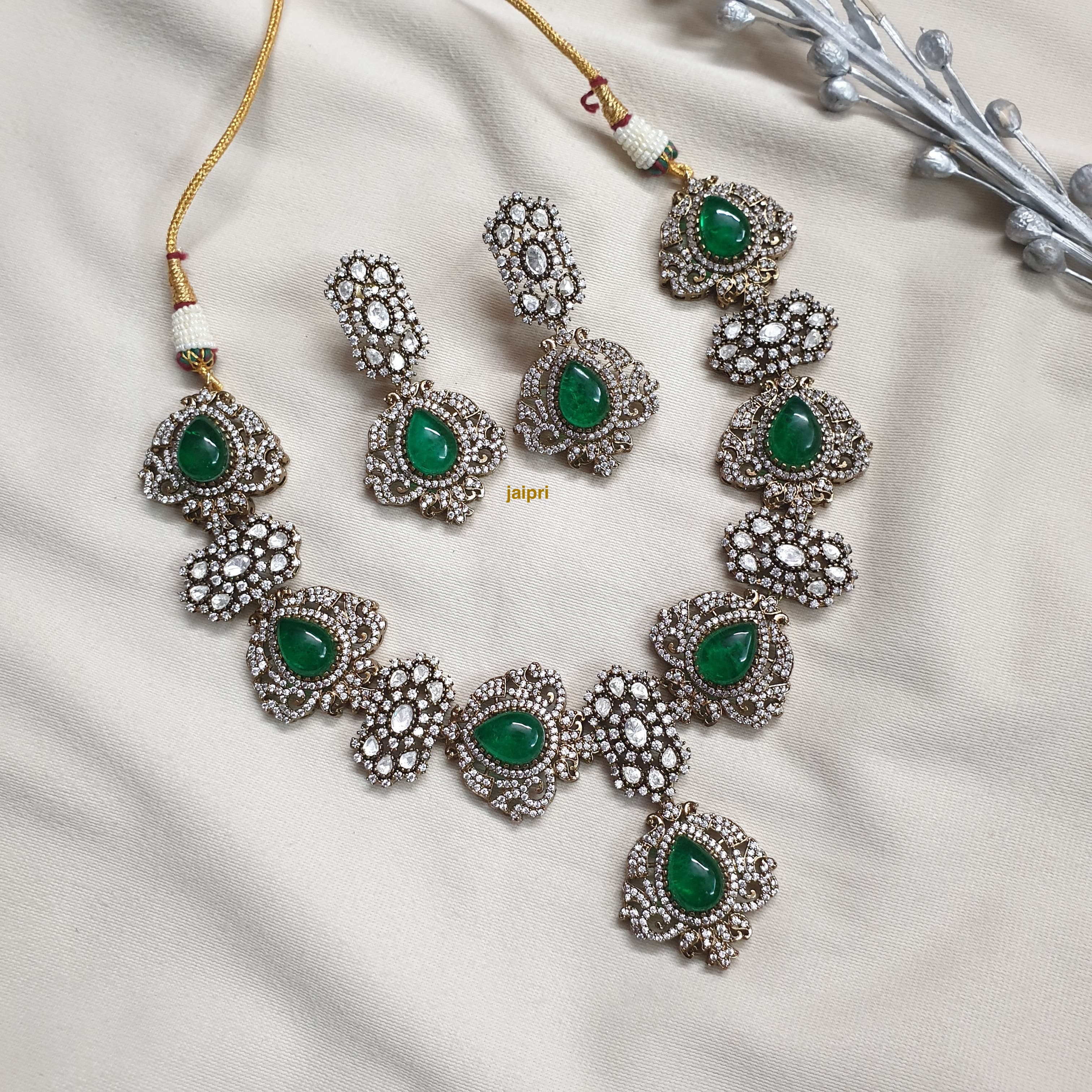 Kundan Green Doublet Stone Necklace With Earrings