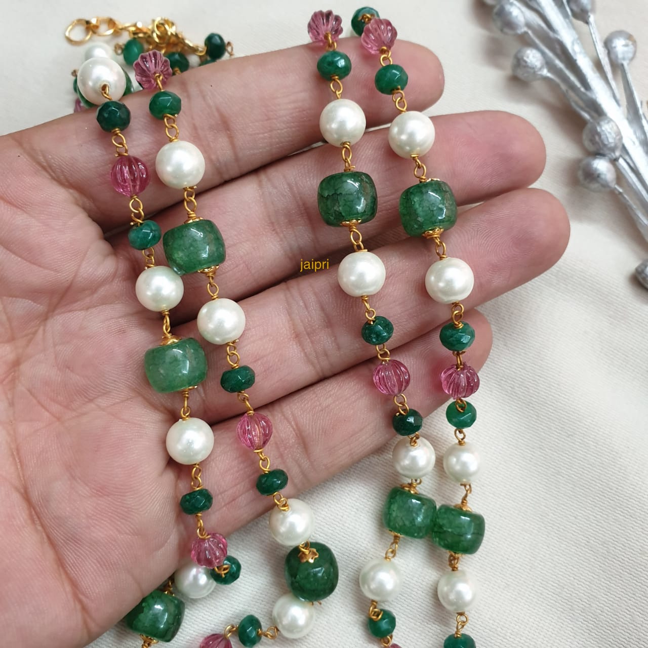 Green Stone Double Layered Beads Pearl Long Mala