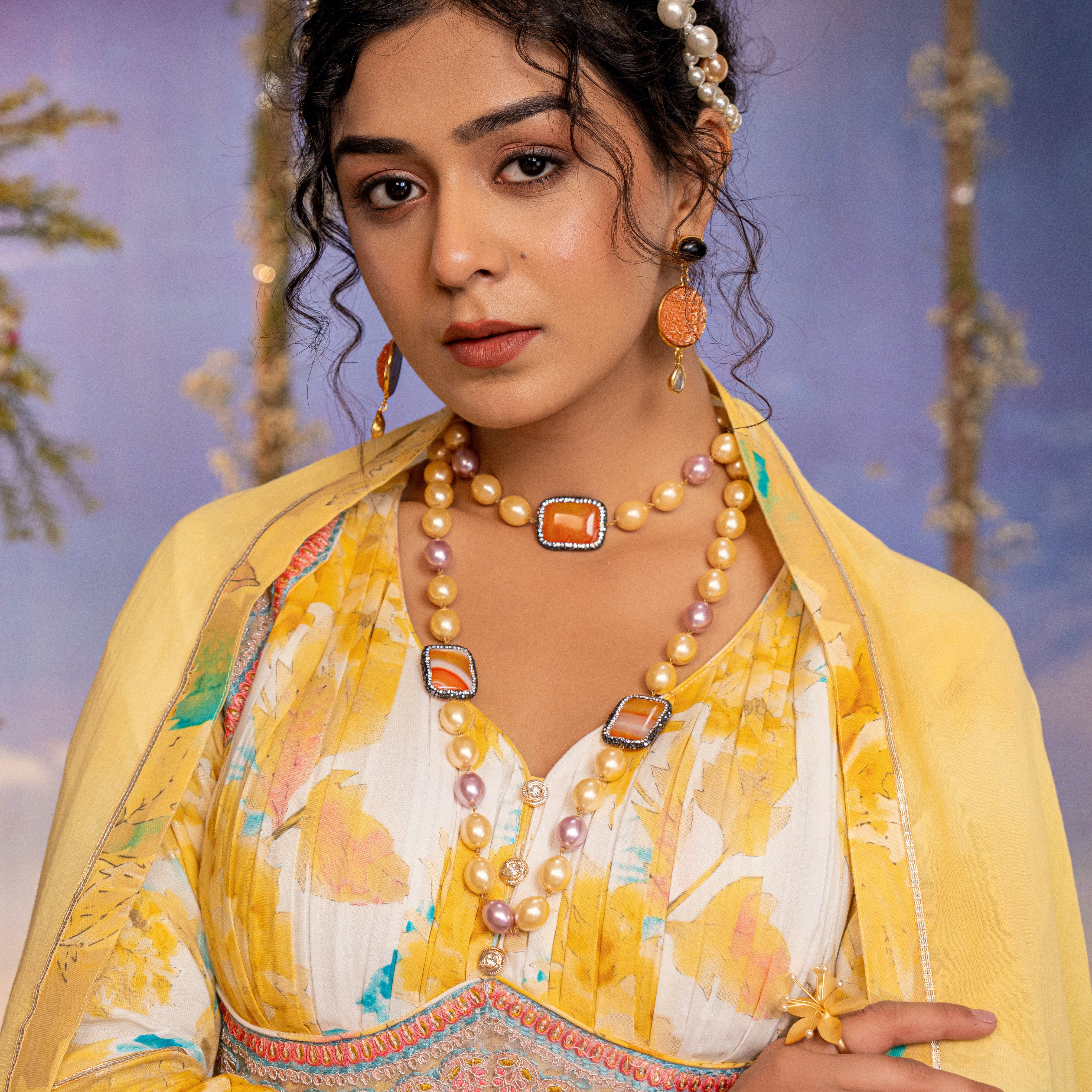 Two Layered Premium Pearl Stone Beads Necklace With Earrings