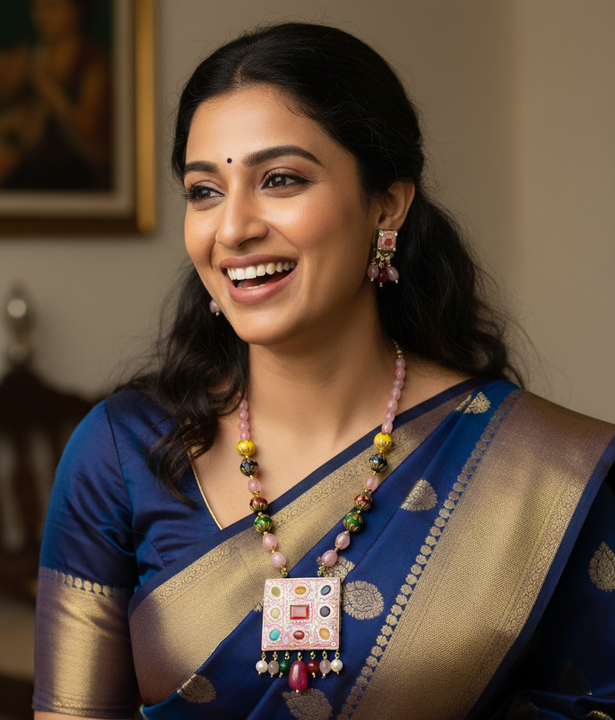 Traditional Navratana Pink Stone Pendant Necklace