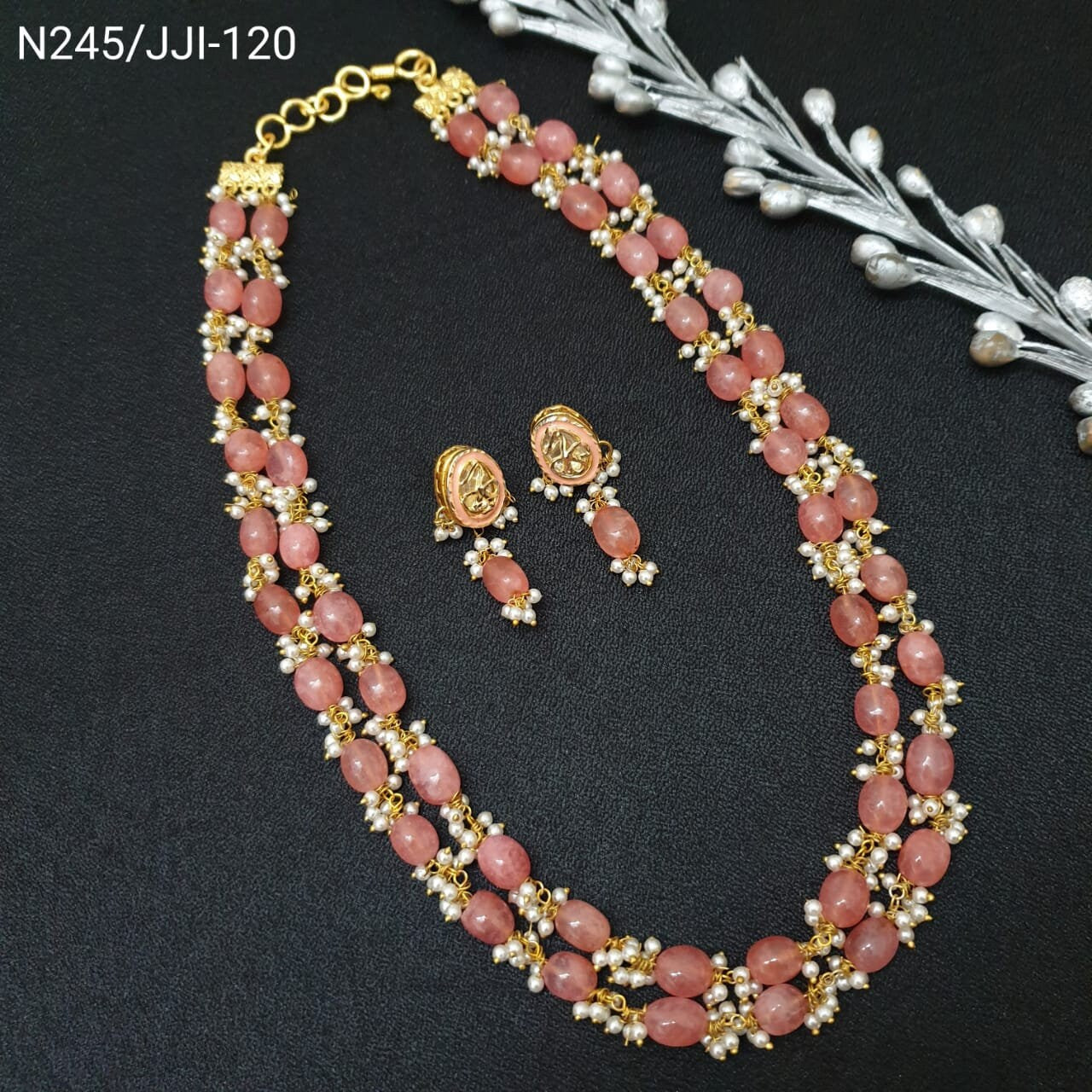 Peach Stone Double Layered Pearl Beaded Necklace