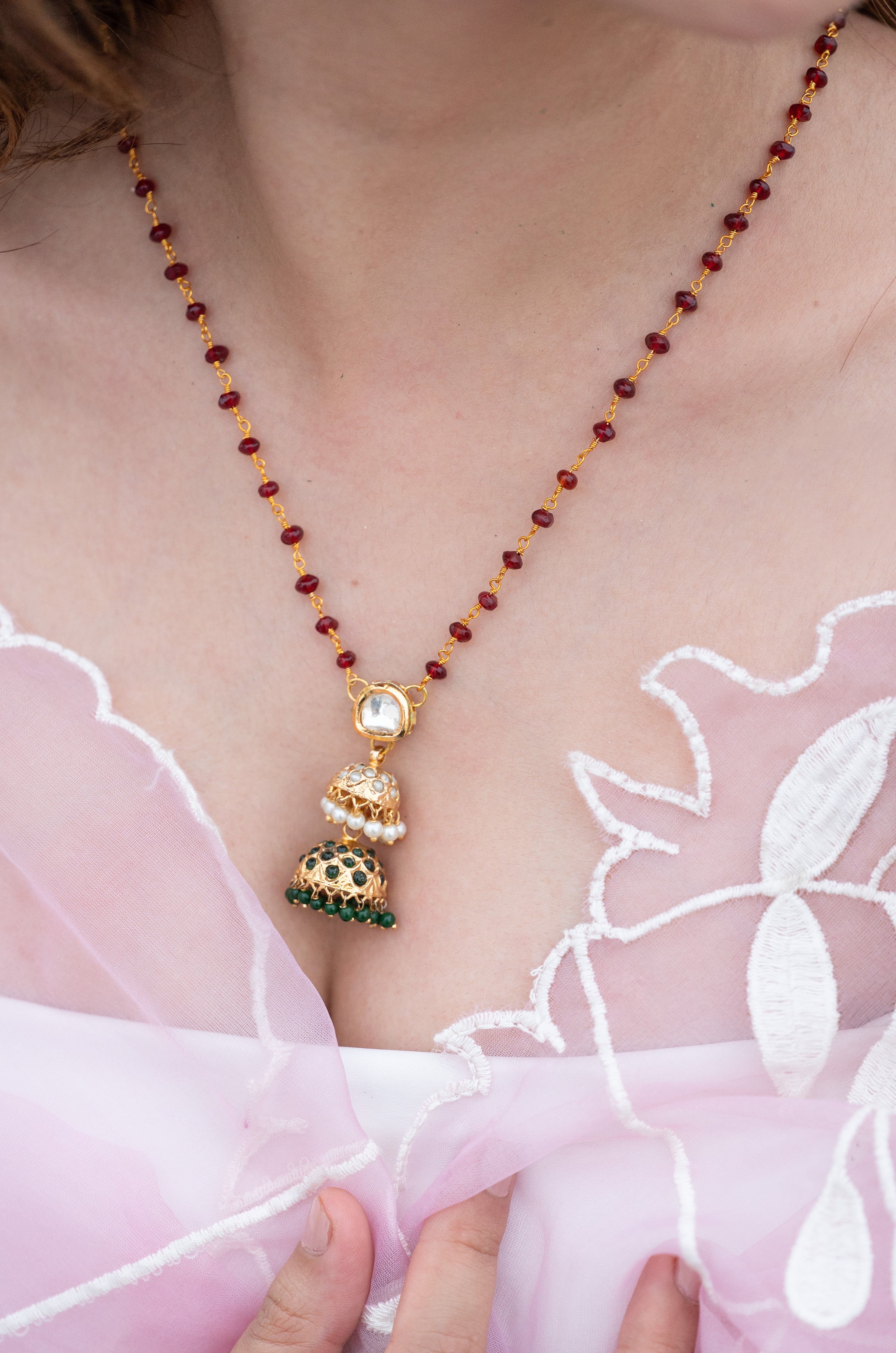 Red Green and White Jhumki Kundan Pendant Set