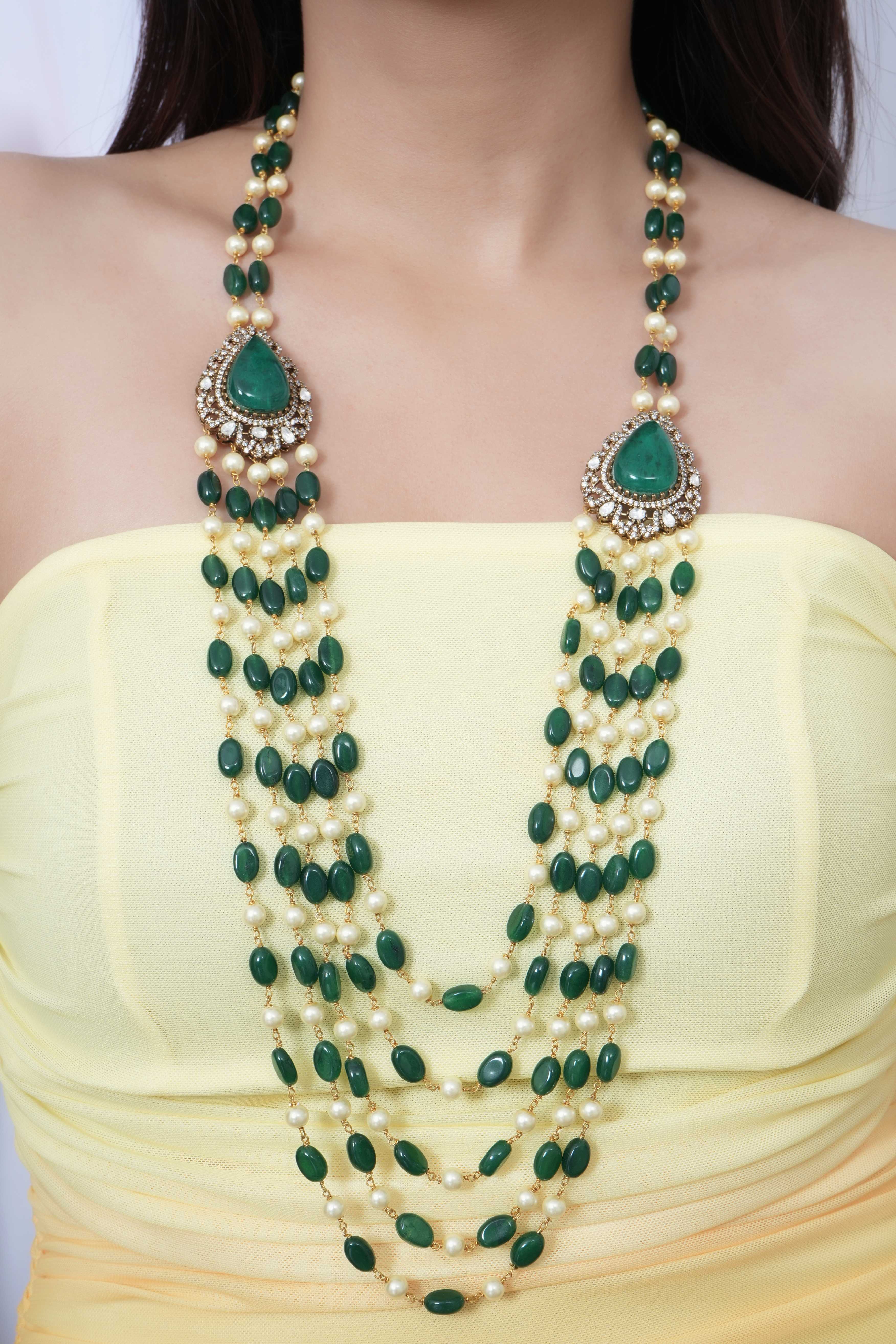 Emerald Green Color Stone And Pearl Beaded Long Necklace