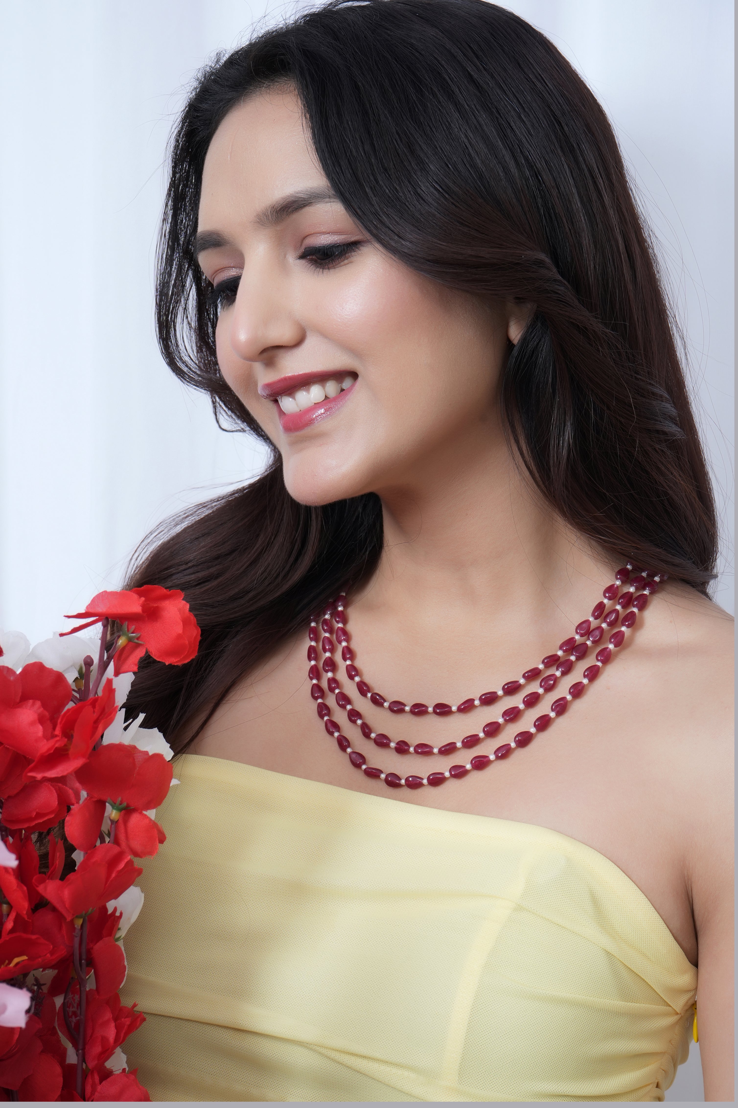 Three Layered Ruby Red Drop Beads Necklace