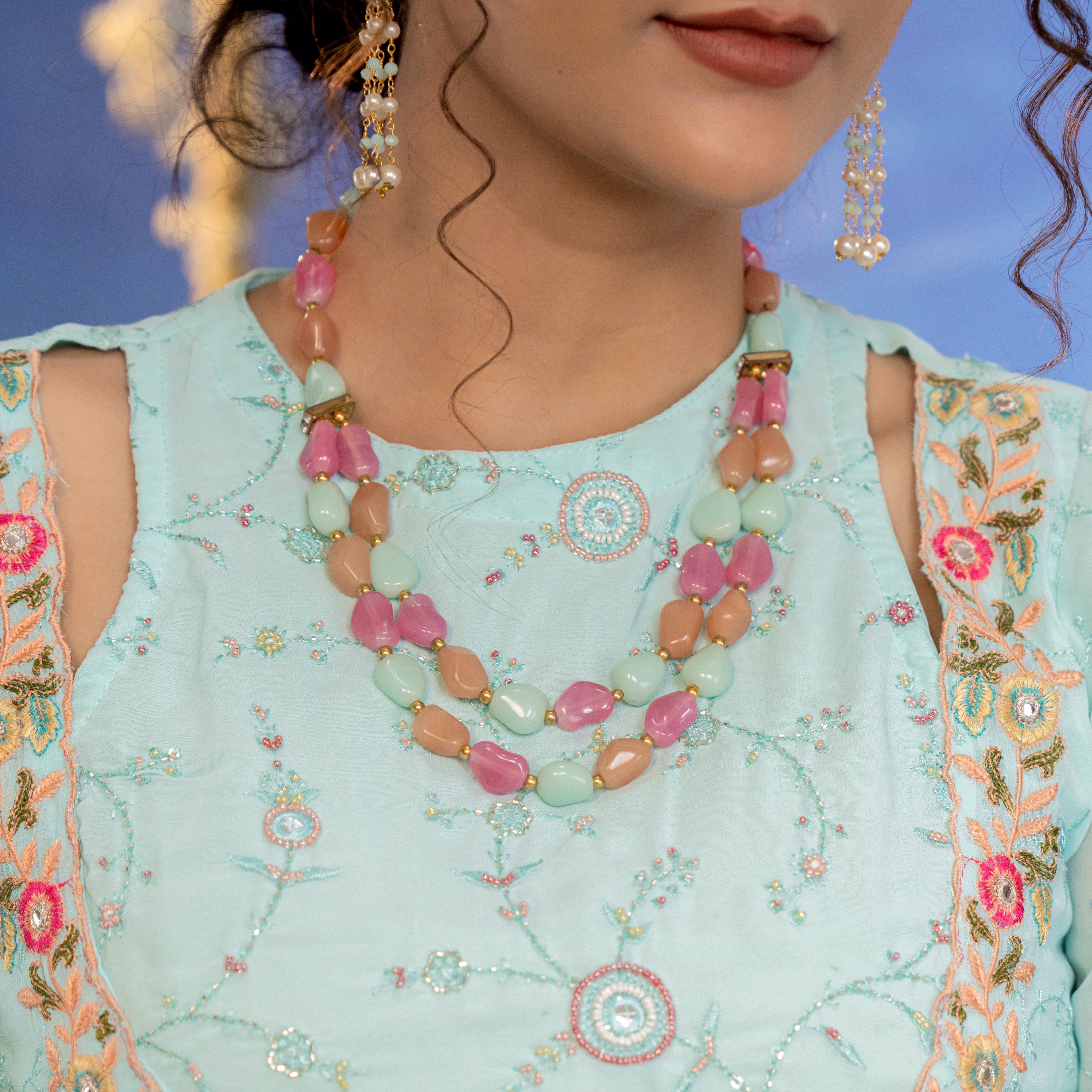 Multicolor Beads Stone Necklace With Earrings