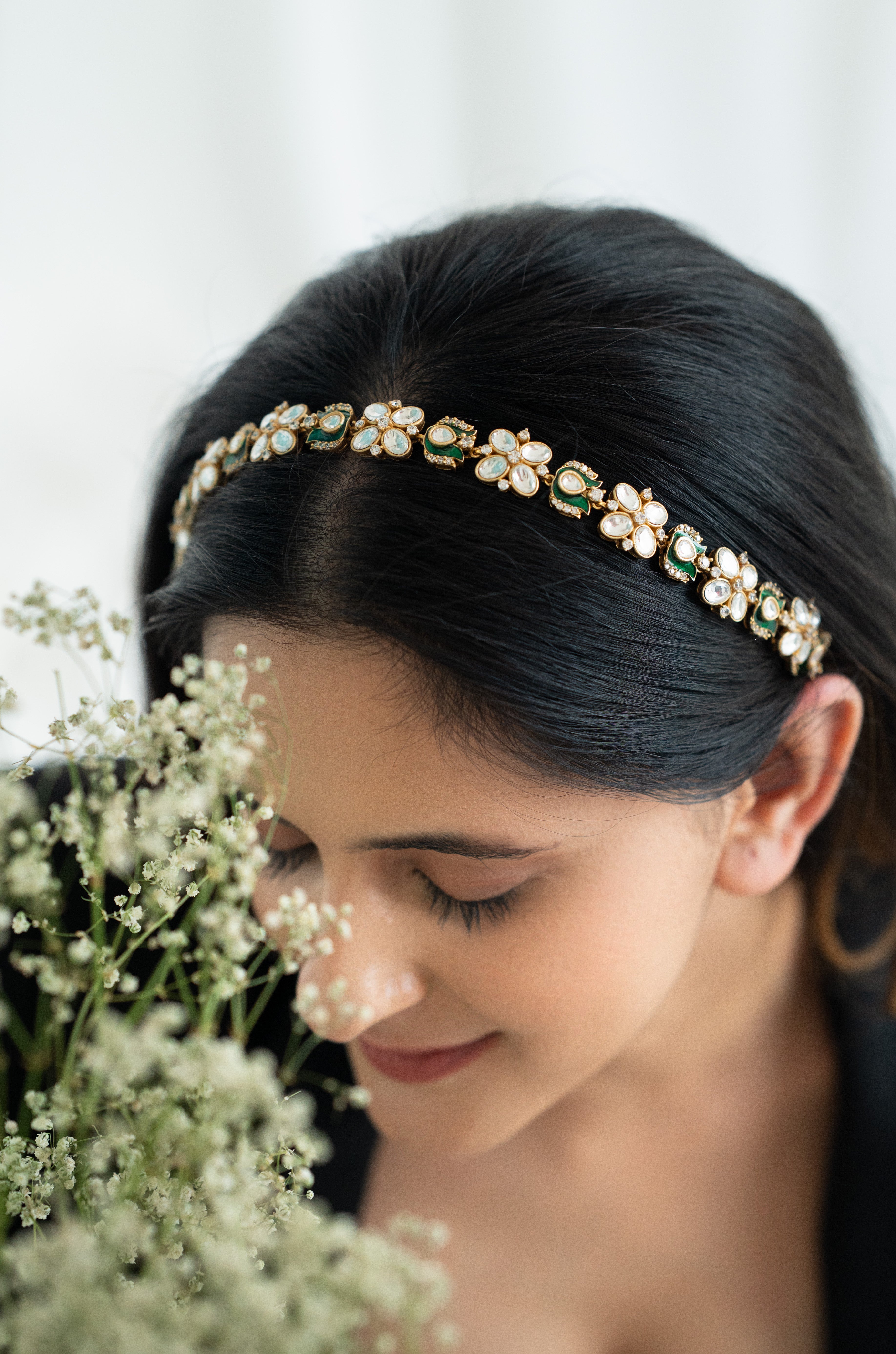 Green Kundan and Meenakari Floral Headband