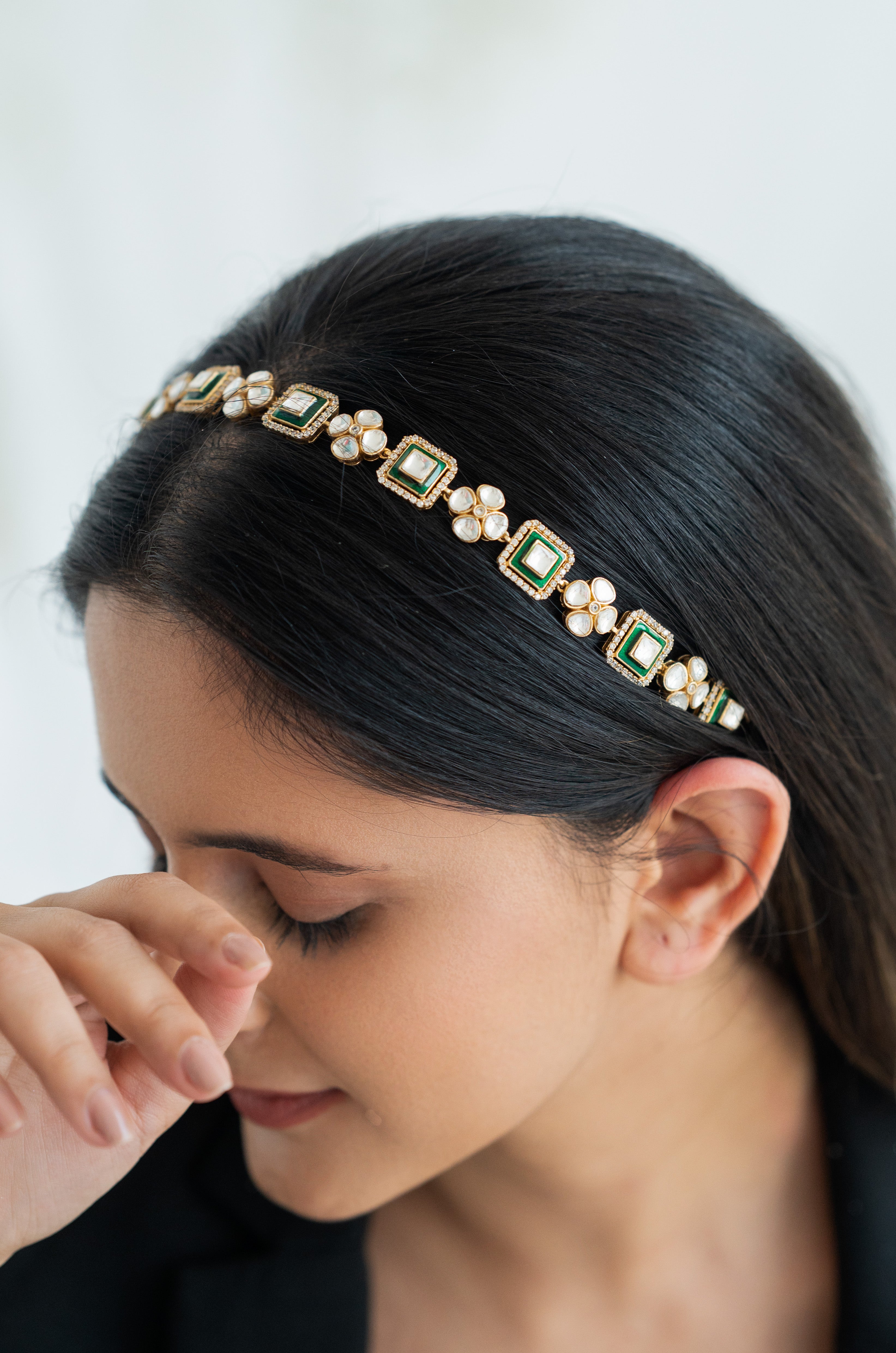 Green Kundan Meenakari and Floral Headband Matha Patti
